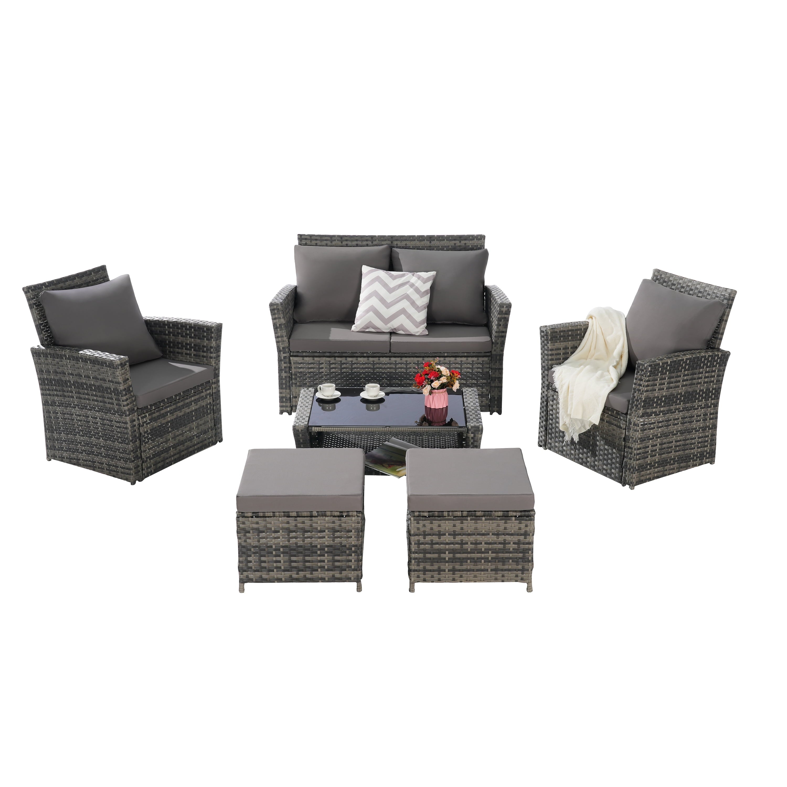 Furnibear 6 Piece Patio Furniture Sets, Rattan Wicker Outdoor Conversation Set with Ottoman and Tempered Glass Coffee Table