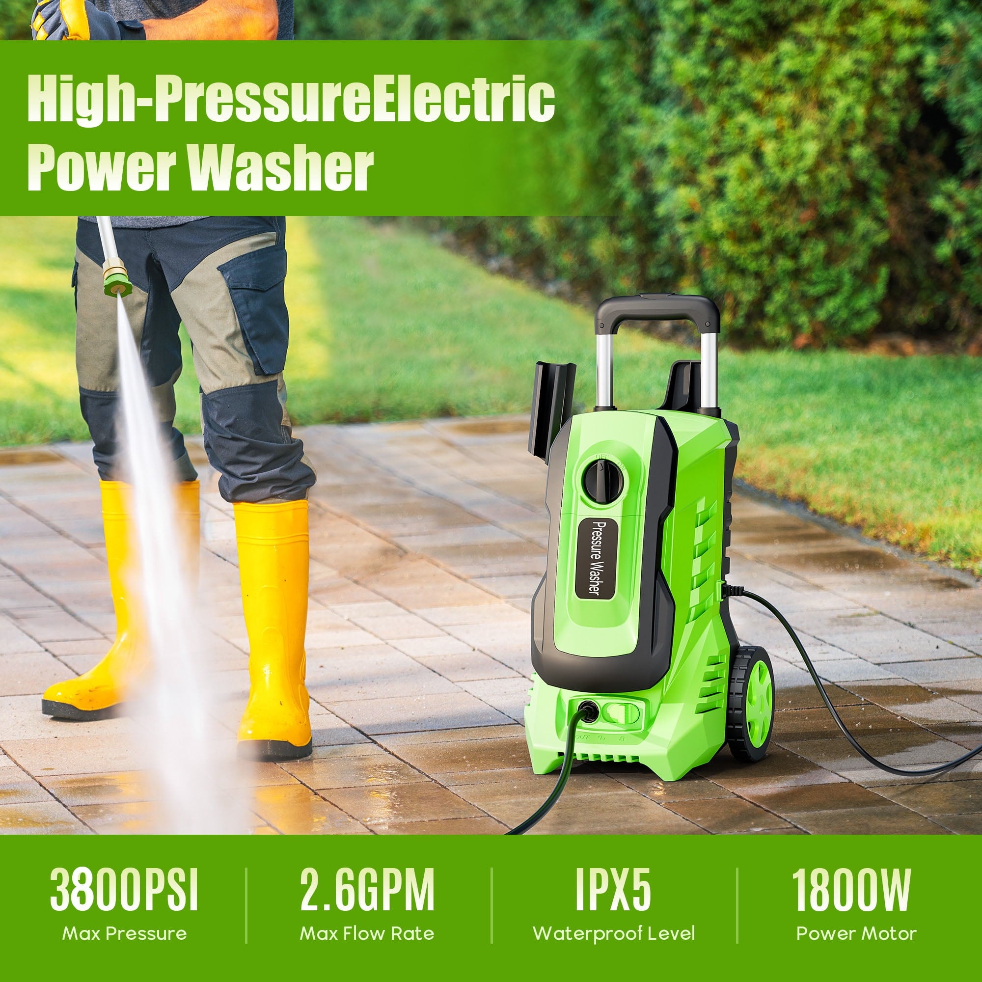 Electric Pressure Washer, 3800PSI 2.6 GPM Power Washer with 5 Quick Connect Nozzles, High Pressure Cleaning Machine with Foam Cannon for Cars, Fences, Patios, Driveway,Green