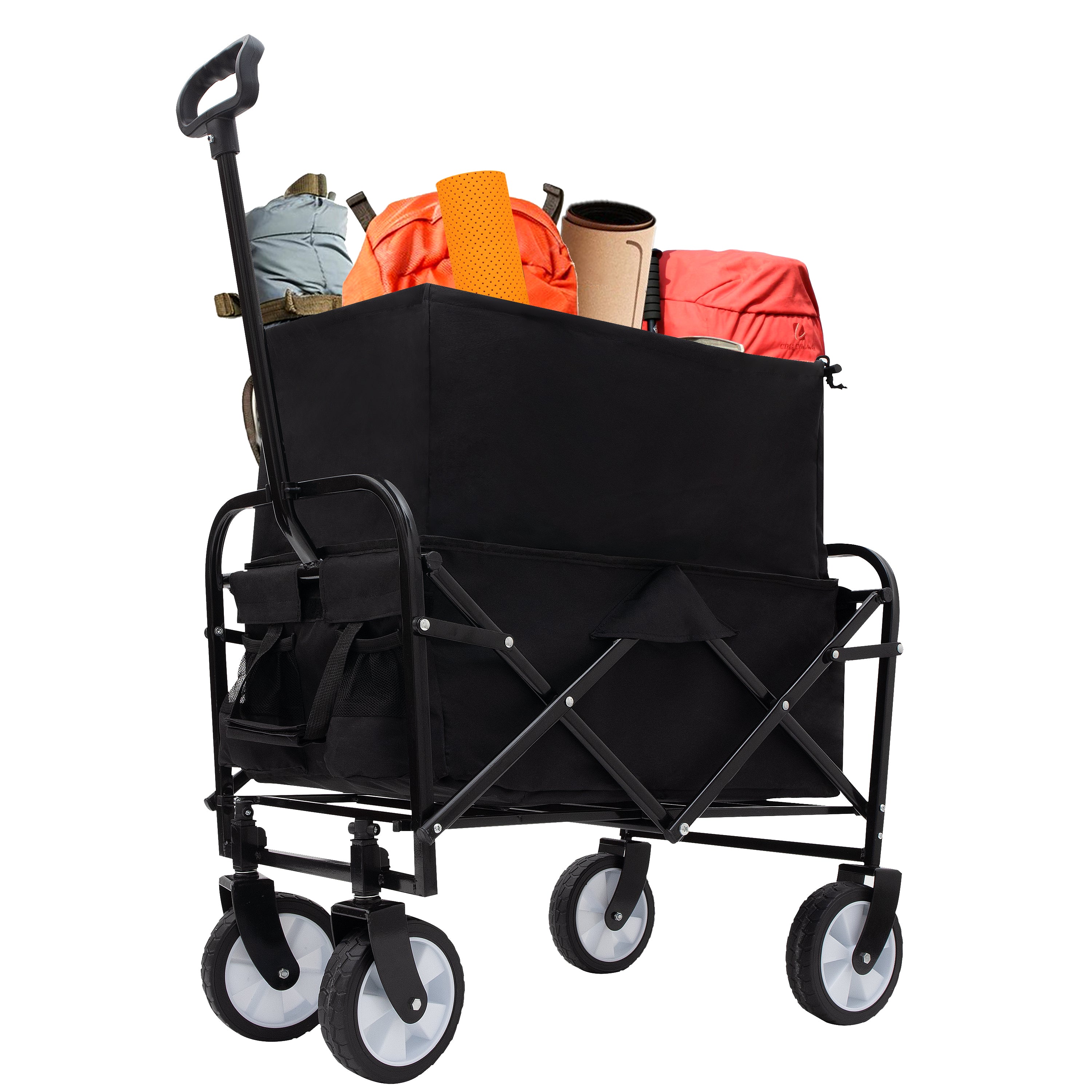 Furnibear Heavy-Duty Folding Wagon Cart with All-Terrain Wheels Includes 3 Liner Bags for Camping, Beach, Grocery, Black