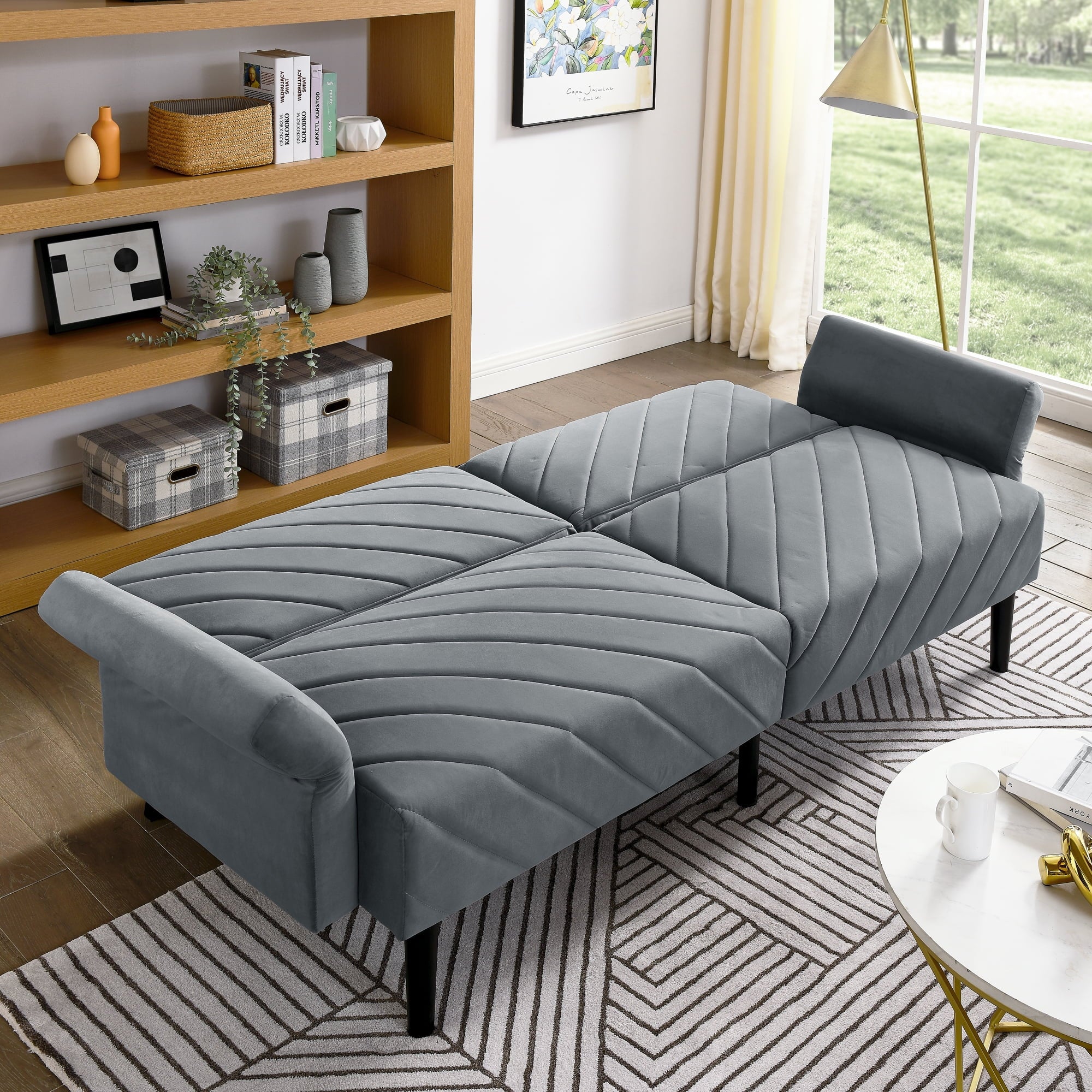 Furnibear 87in Futon Sofa Bed, Velvet Fabric Comfy Futon Couch Bed, Convertible Sleeper Sofa with Adjustable Backrestand Armrests, Modern Loveseat Sleeper for Living Room, Bedroom
