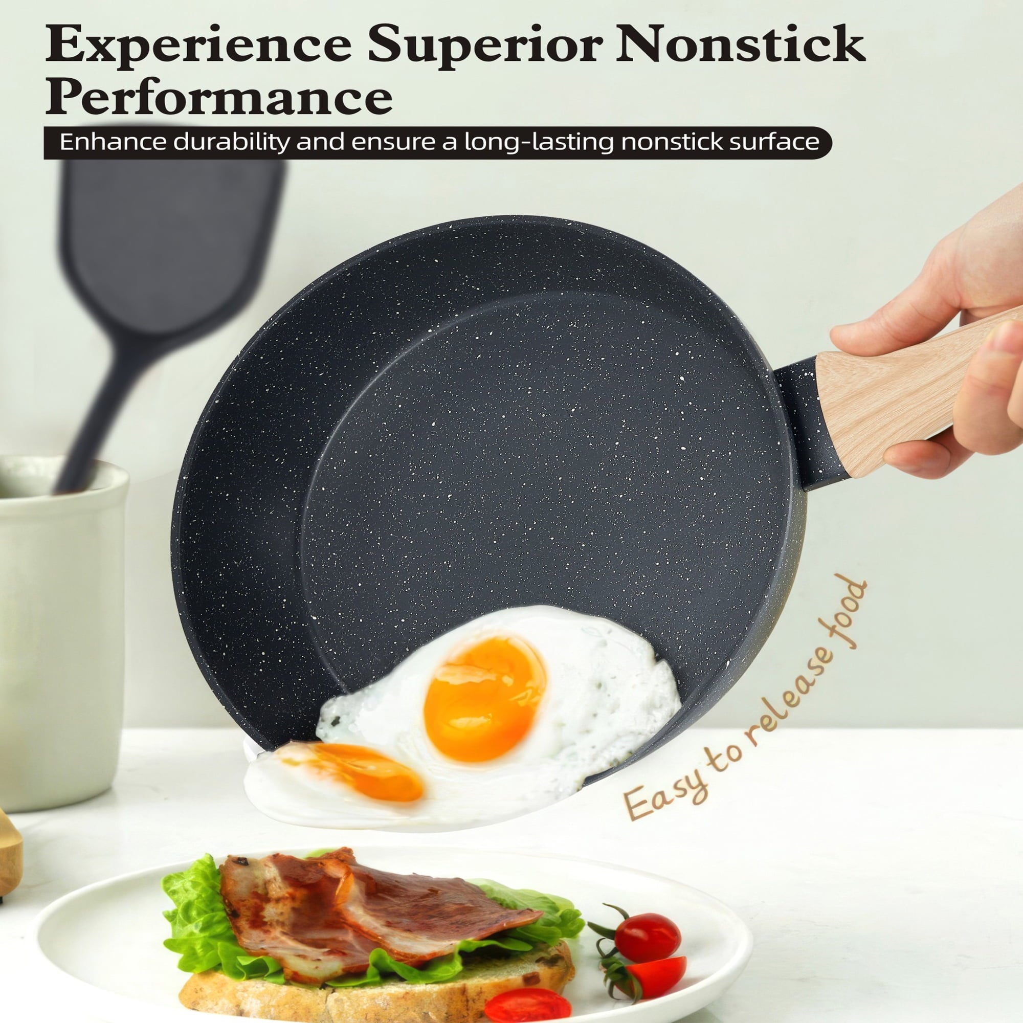 Furnibear?12-Piece Ceramic Nonstick Cookware Set - Granite Coated Frying Pans / Stock Pots, with Silicone Shovel/Spoon/Tongs, Compatible with All Stoves, Easy to Clean