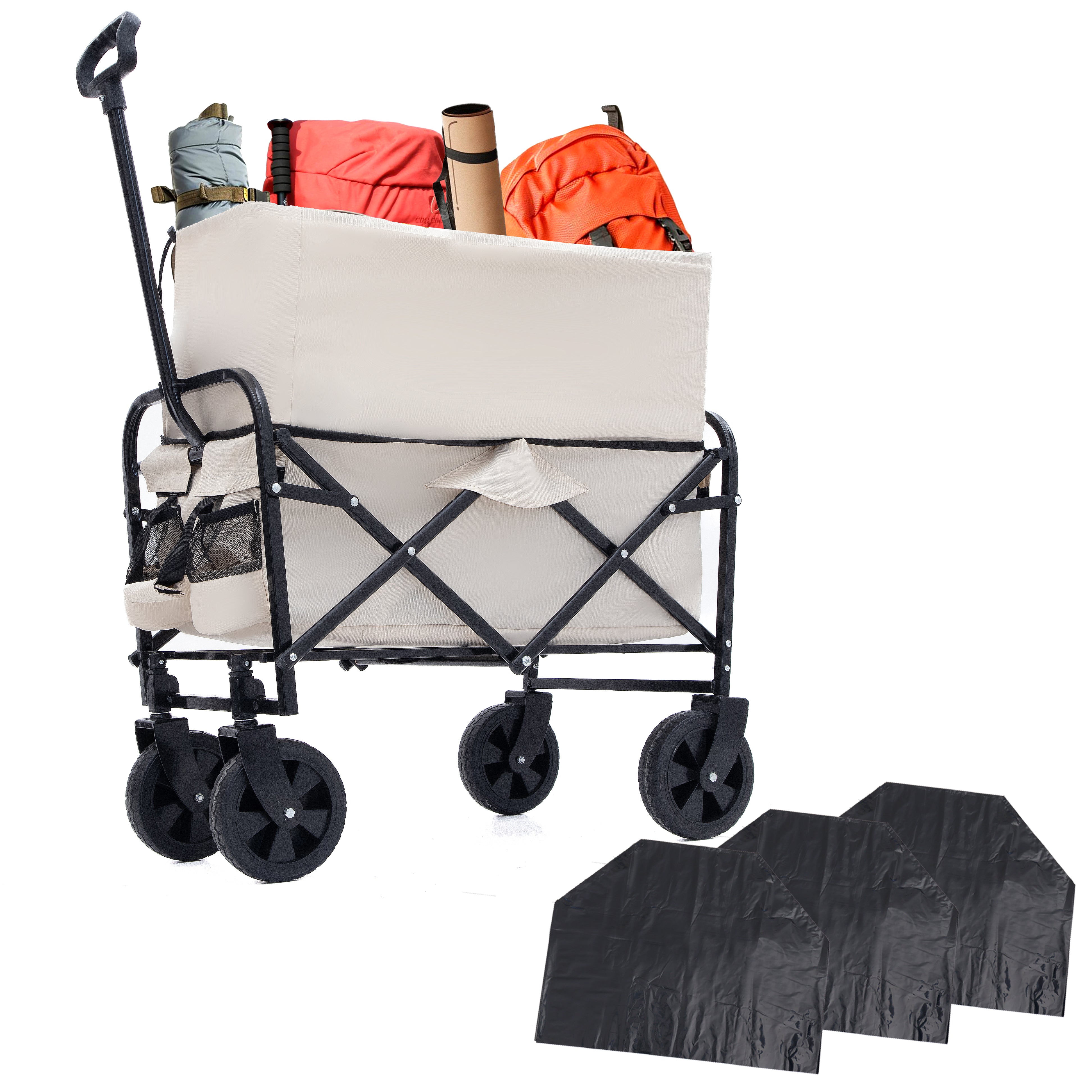 Furnibear Heavy-Duty Folding Wagon Cart with All-Terrain Wheels Includes 3 Liner Bags for Camping, Beach, Grocery,Off-White