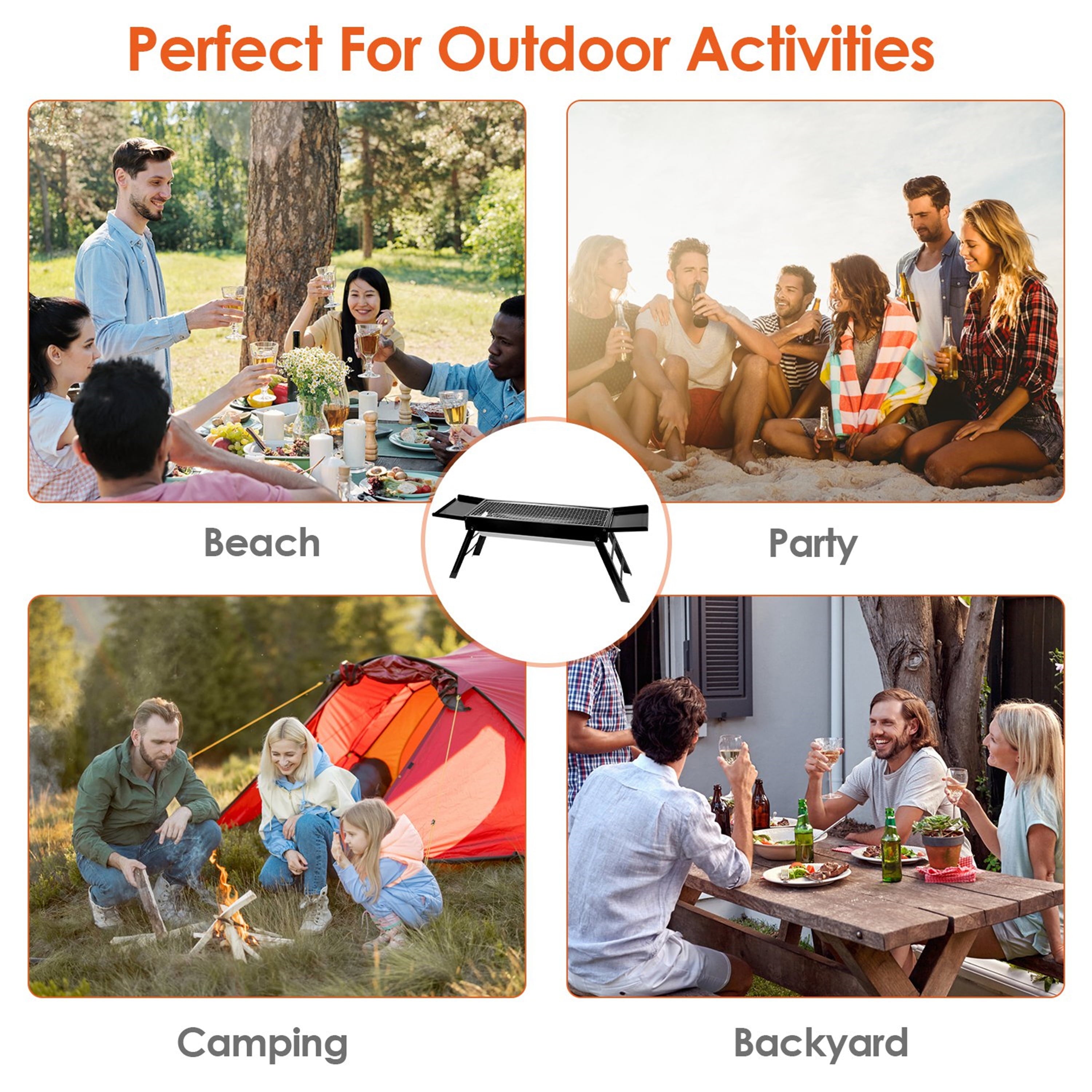 Furnibear Portable Charcoal Grill, Foldable Stainless Steel BBQ Grill with Side Table, Tabletop Grill for Outdoor Camping, Patio and Picnic