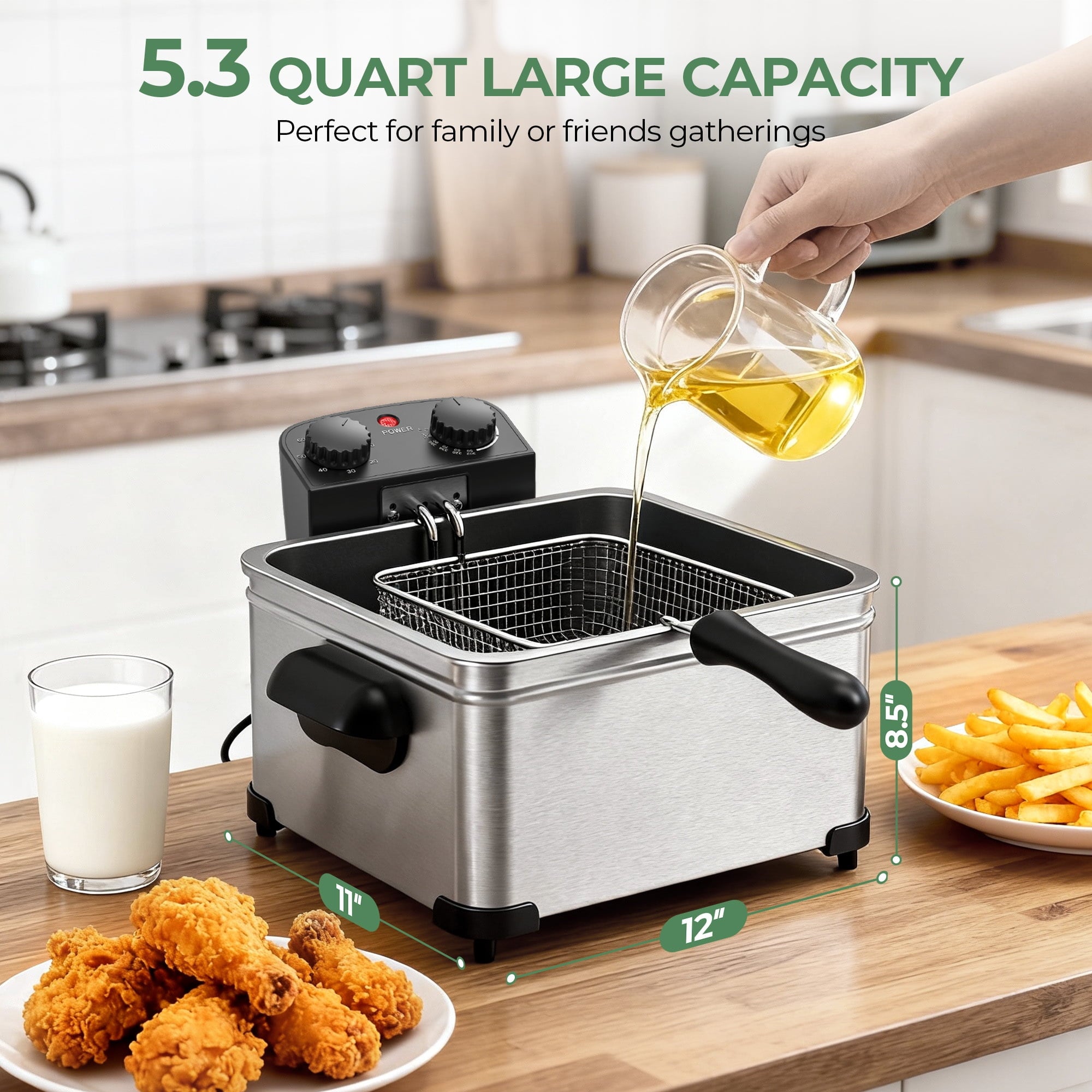 Furnibear Electric Deep Fryer with 3 Frying Baskets, 5L 1700W Large Fryer Adjustable Temperature,View Window Lid for Kitchen, Fry Fish for Home Use,Silver