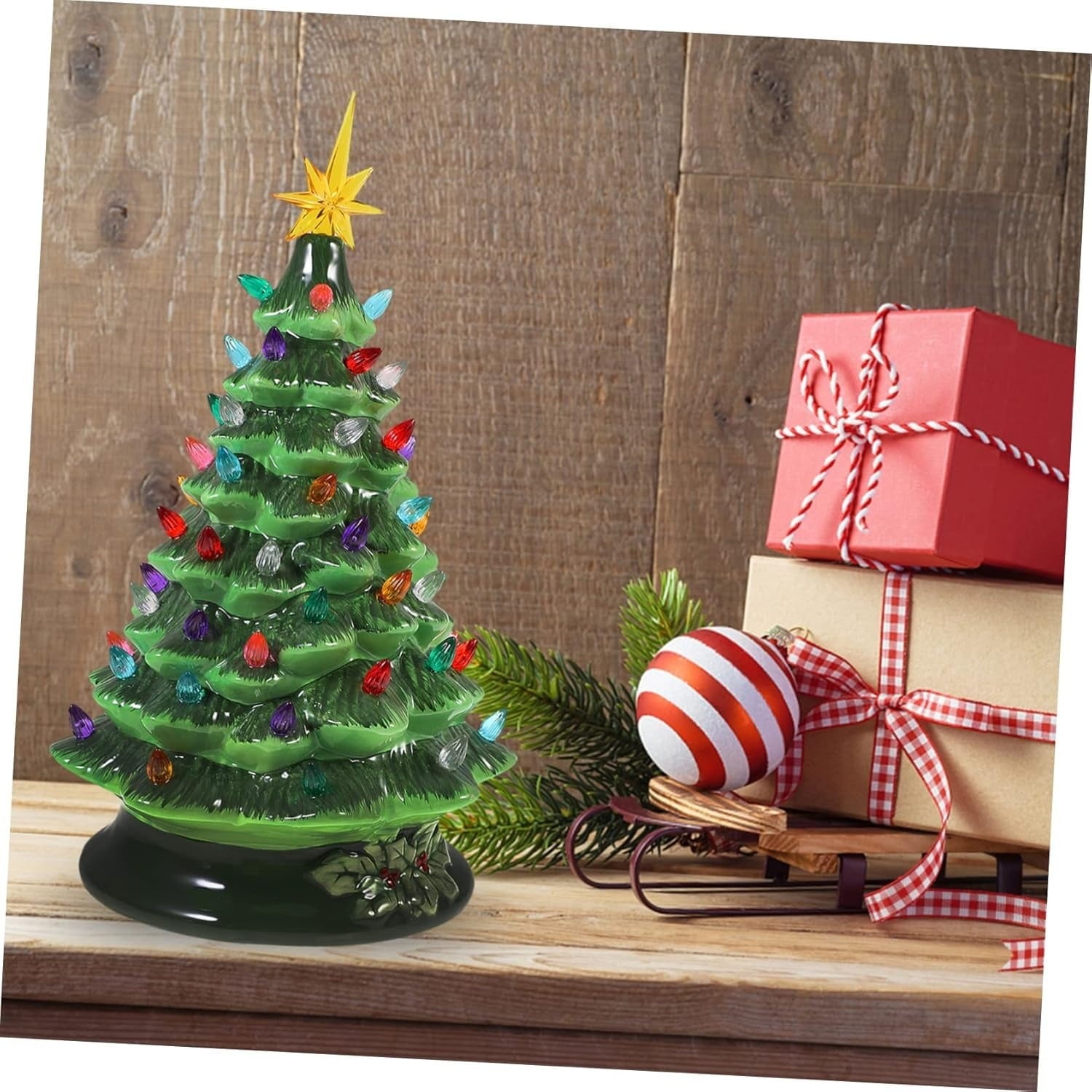 Furnibear 15 Inch Ceramic Christmas Tree, Green Tabletop Decor with LED Lights, Plug-in