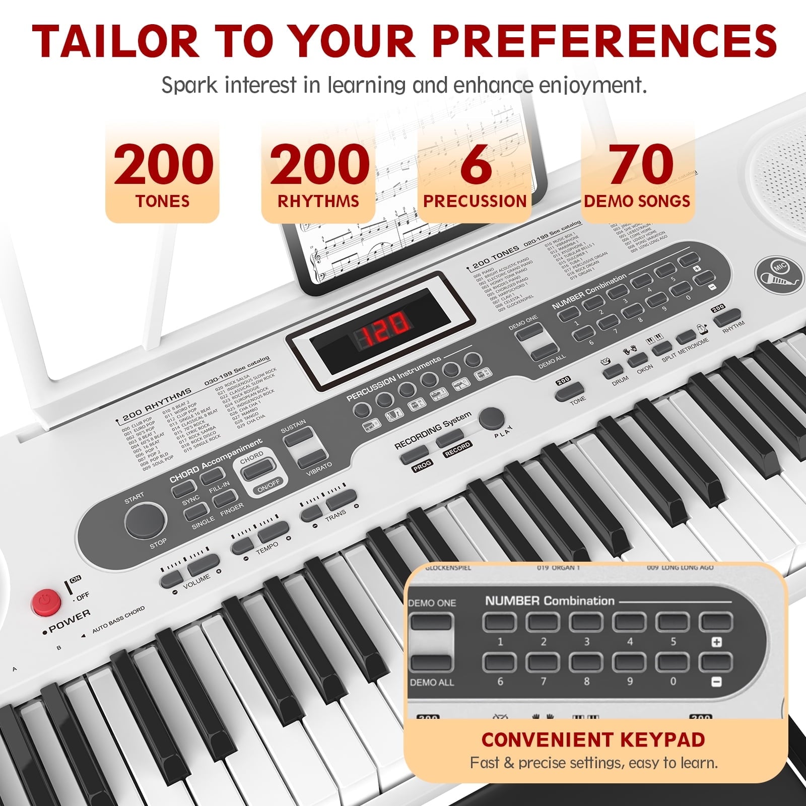 Furnibear 61 Key Piano Keyboard with Lighted Keys Stand Bench Microphone Headphone and Built-in Speakers for Beginners, White