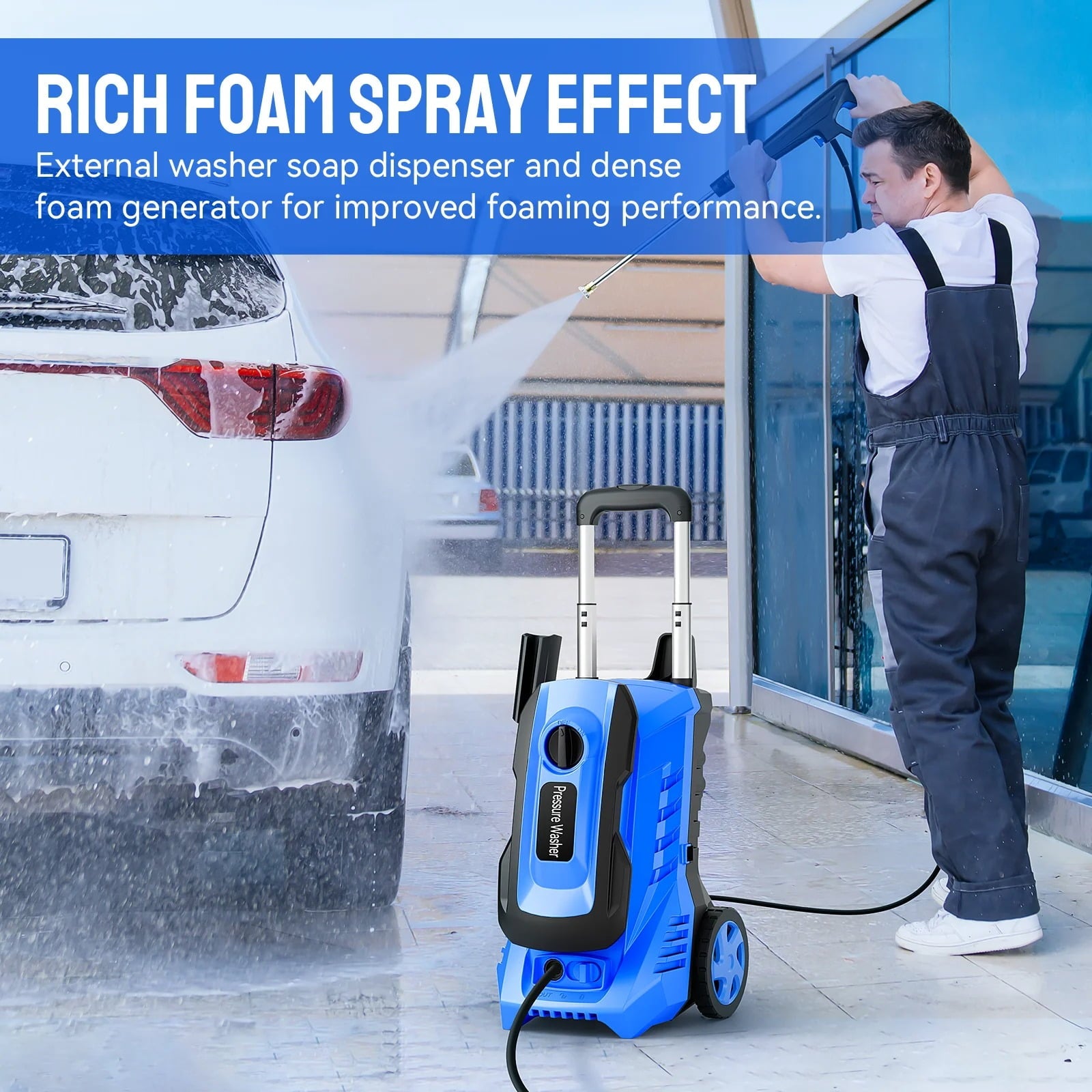 Furnibear 3800 PSI Electric Pressure Washer - 1800W High Power, 2.6 GPM Flow Rate with 5 Quick-Connect Nozzles and Foam Cannon, Lightweight with Wheels for Cars, Driveways, Patios Fences (Blue)