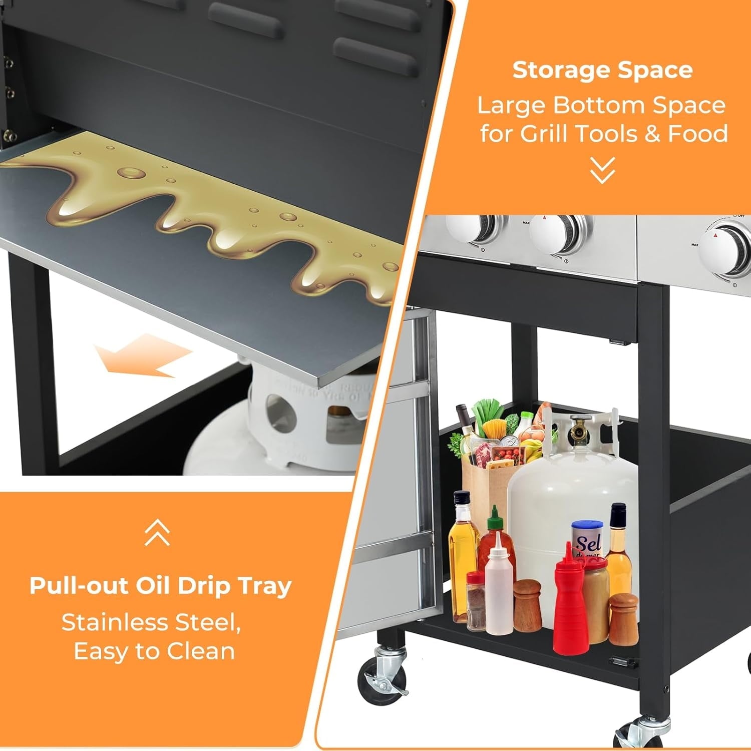 Furnibear 3-Burner Gas Grill Side Burner, Propane Stainless Steel BBQ Grill with Porcelain-Enameled Cast Iron Grates, 37150 BTU Barbecue Grill for Outdoor Cooking