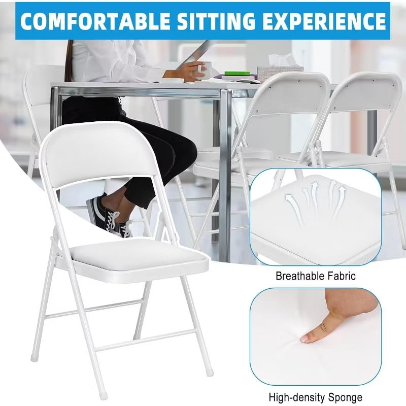 Furnibear 4 Pack Folding Chairs with Padded Vinyl Seat, Heavy-Duty Metal Frame, Supports 330 lbs, Portable Lightweight,White