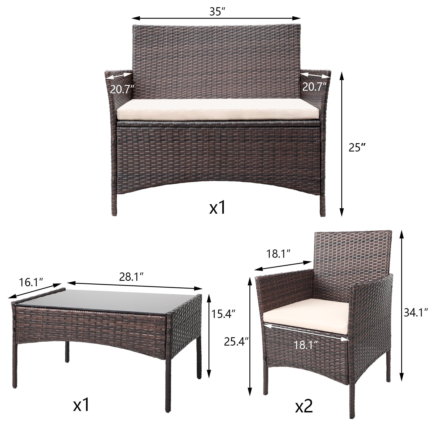 Furnibear 4 Pieces Outdoor Patio Indoor Furniture Sets Rattan Chair Wicker Set for Backyard Porch Garden Poolside Balcony