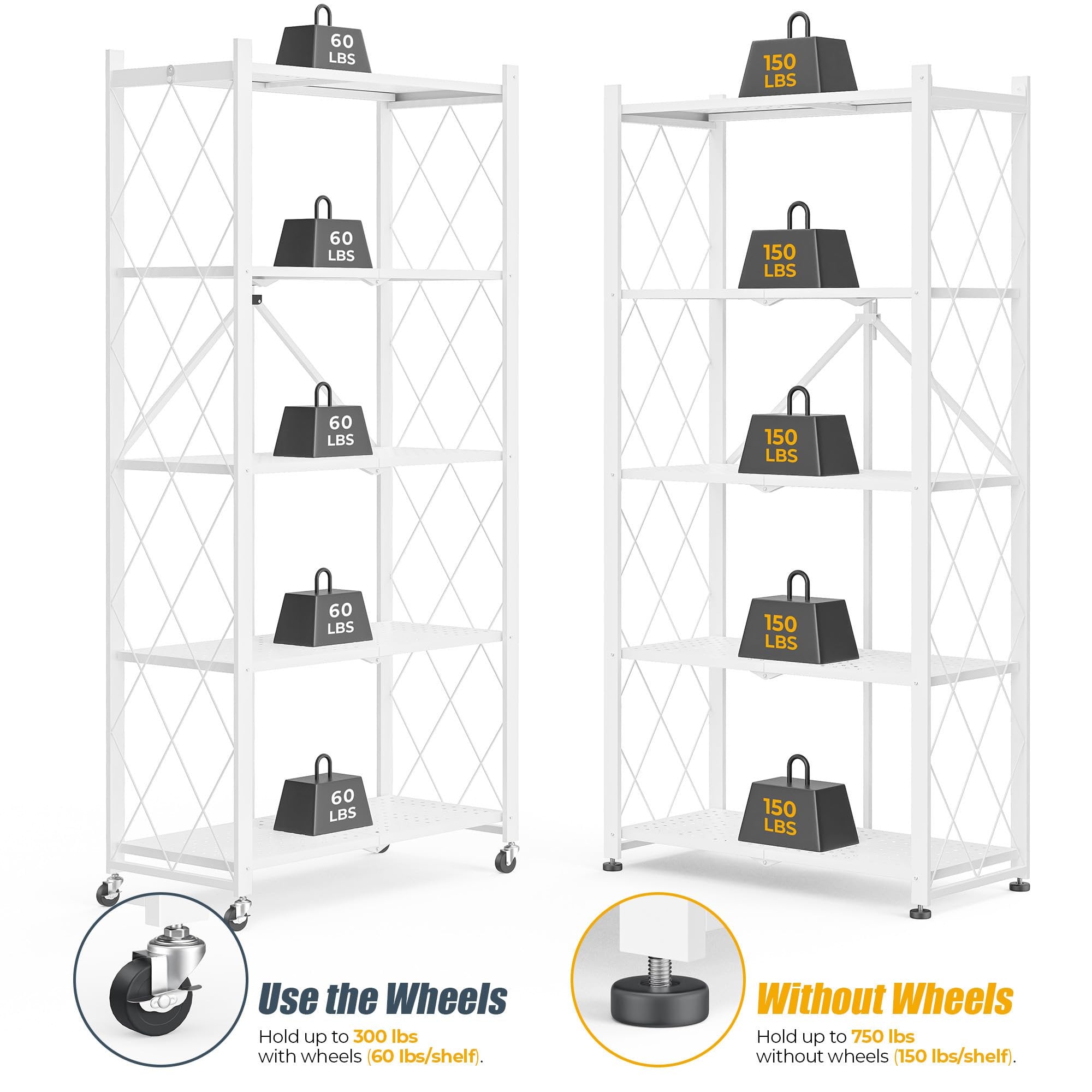 Furnibear 5-Tier Folding Storage Shelves with Wheels, Foldable Metal Rack, Collapsible Shelves for Garage, Kitchen, Basement, White