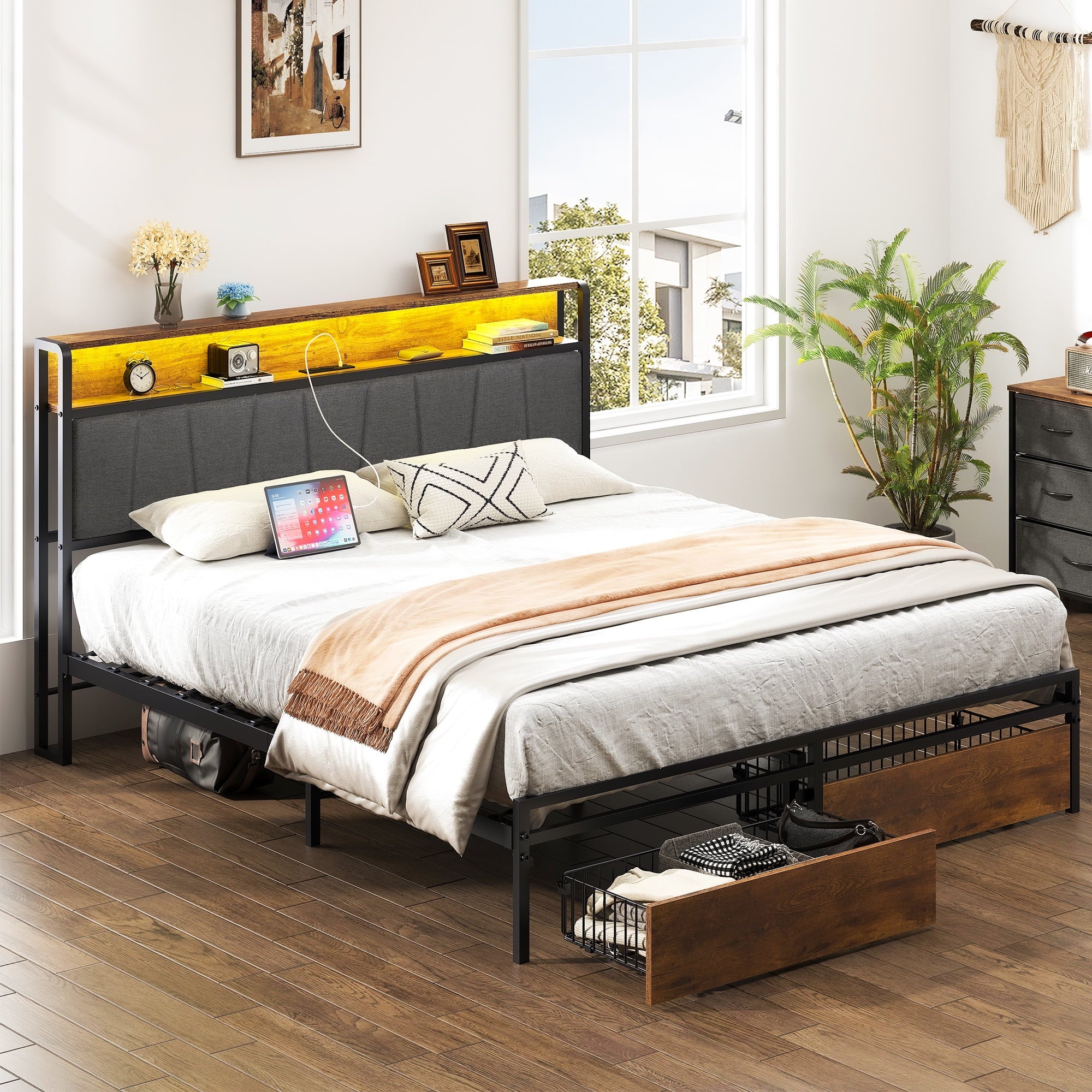 Furnibear Queen Bed Frame with Upholstered Storage Headboard and Drawers, LED Platform Bed with Charging Station, No Box Spring Needed