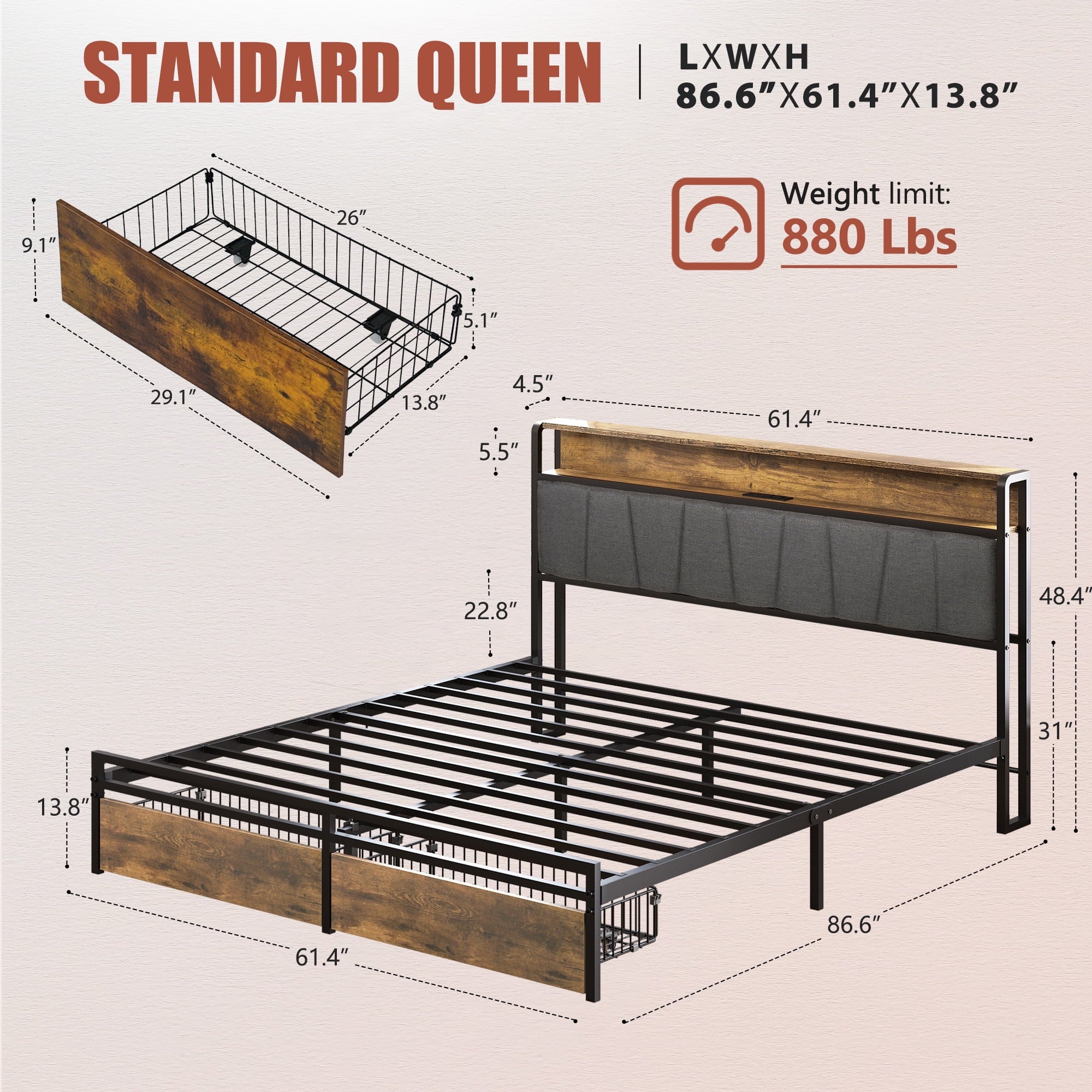 Furnibear Queen Bed Frame with Upholstered Storage Headboard and Drawers, LED Platform Bed with Charging Station, No Box Spring Needed