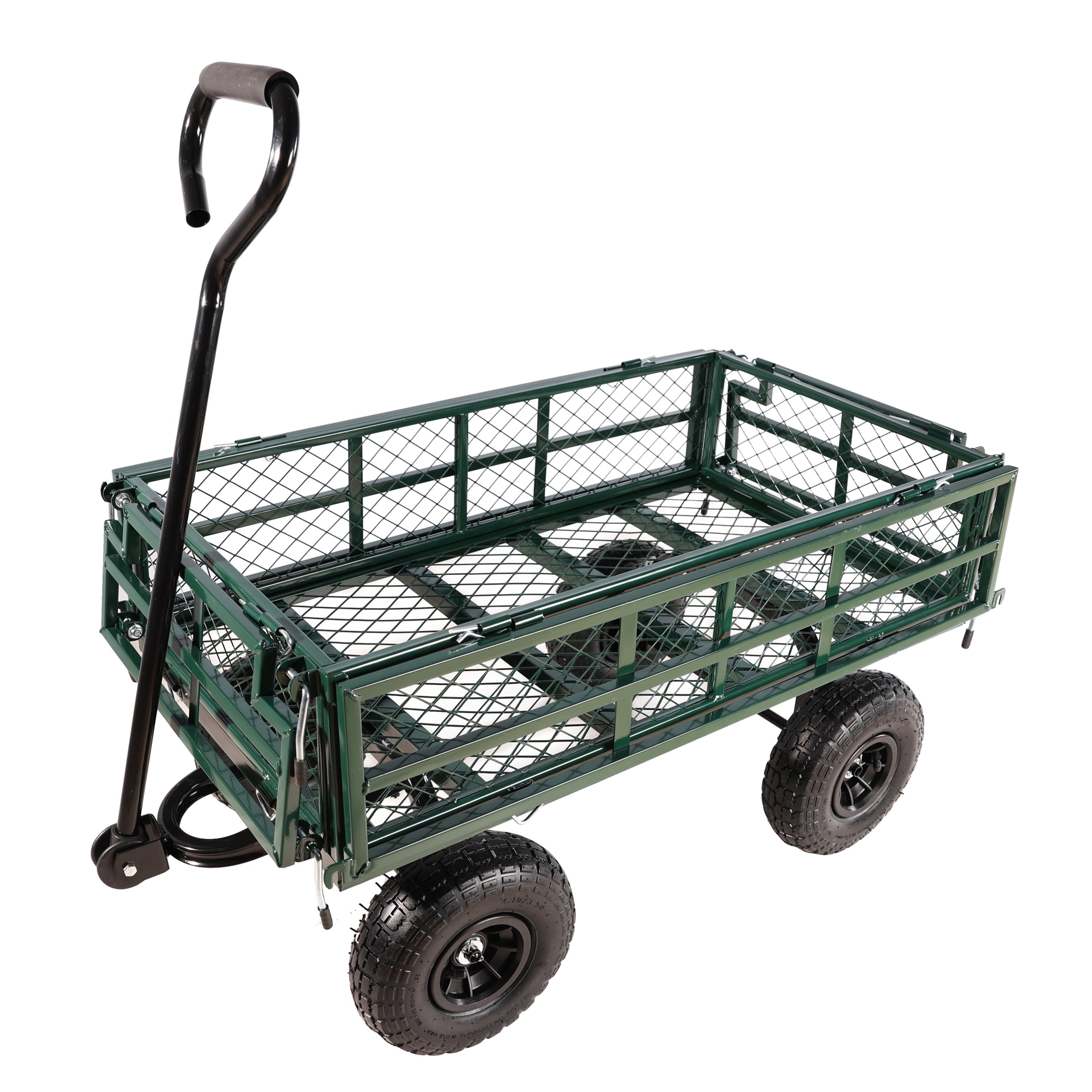 Furnibear Heavy Duty Steel Garden Cart 1500lbs Capacity, 6.35 cu ft, 40.55in x 27.56in Folding Utility Wagon with Double-Layer Removable Side, Green
