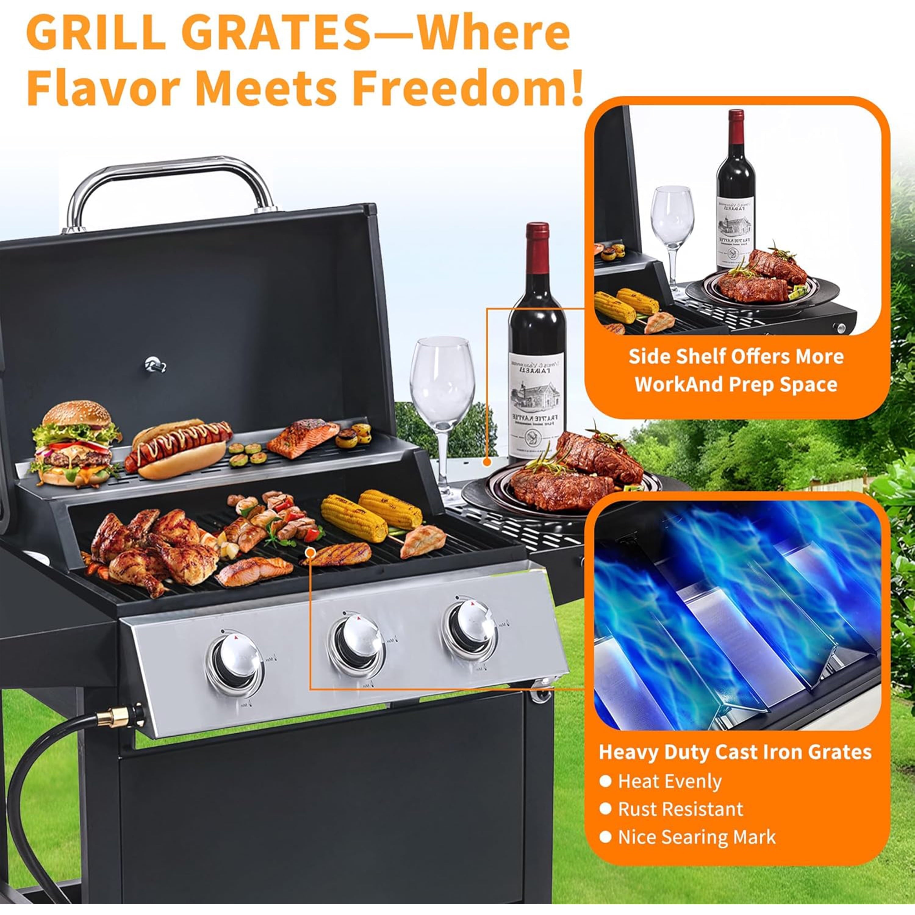 Furnibear 3 Burner BBQ Propane Gas Grill, Stainless Steel 26,000 BTU Patio Garden Barbecue Grill with Two Foldable Shelves