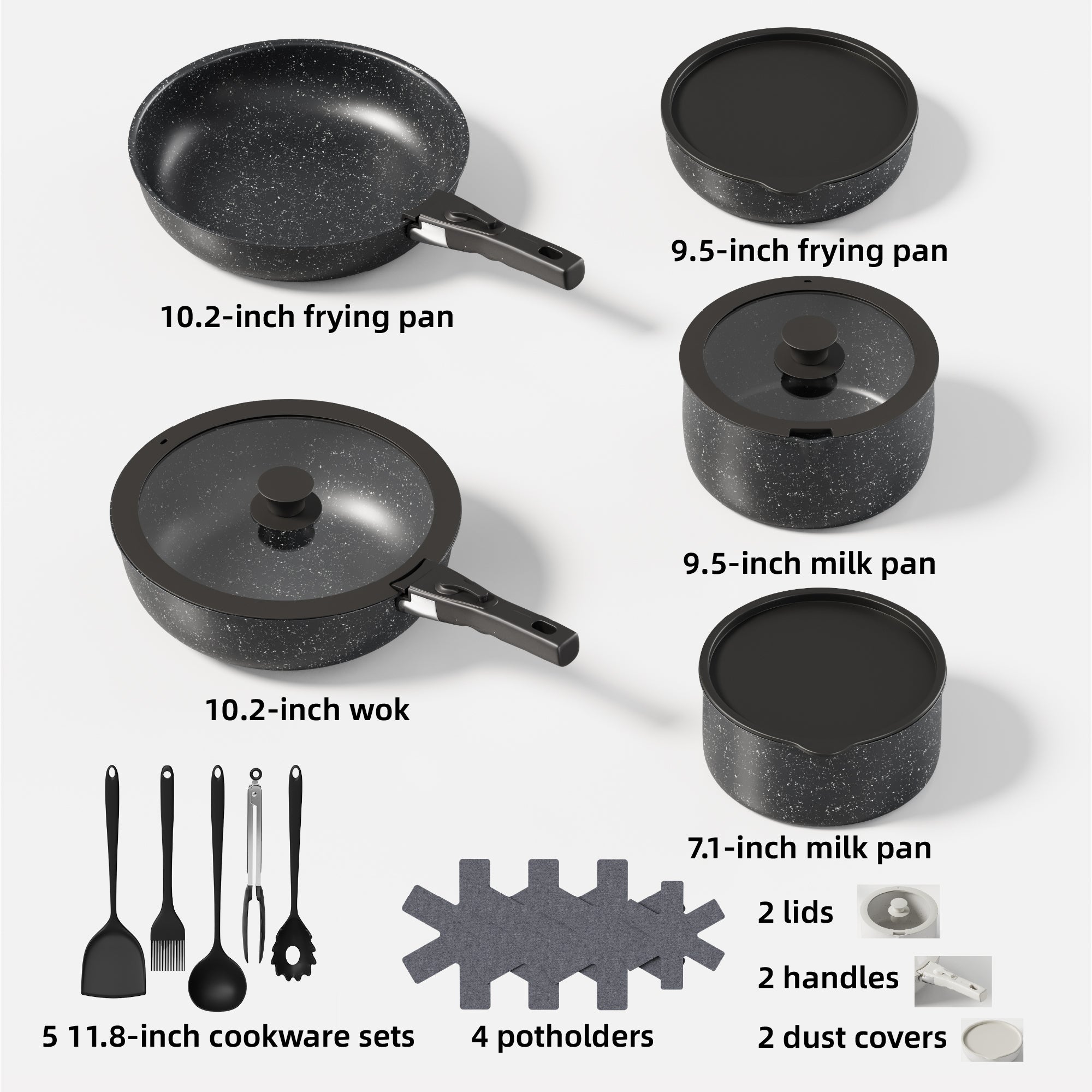 Furnibear 20pcs Pots and Pans Set Nonstick, Kitchen Ceramic Cookware Set for RV and Camping, with Pots Protectors and Cooking Utensils, Black