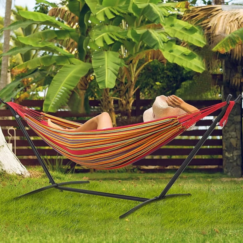 Furnibear 2-Person Brazilian Hammock with Adjustable Steel Stand - Stylish Cotton/Polyester Bed, 600lb Capacity, Space-Saving Design & Storage Bag