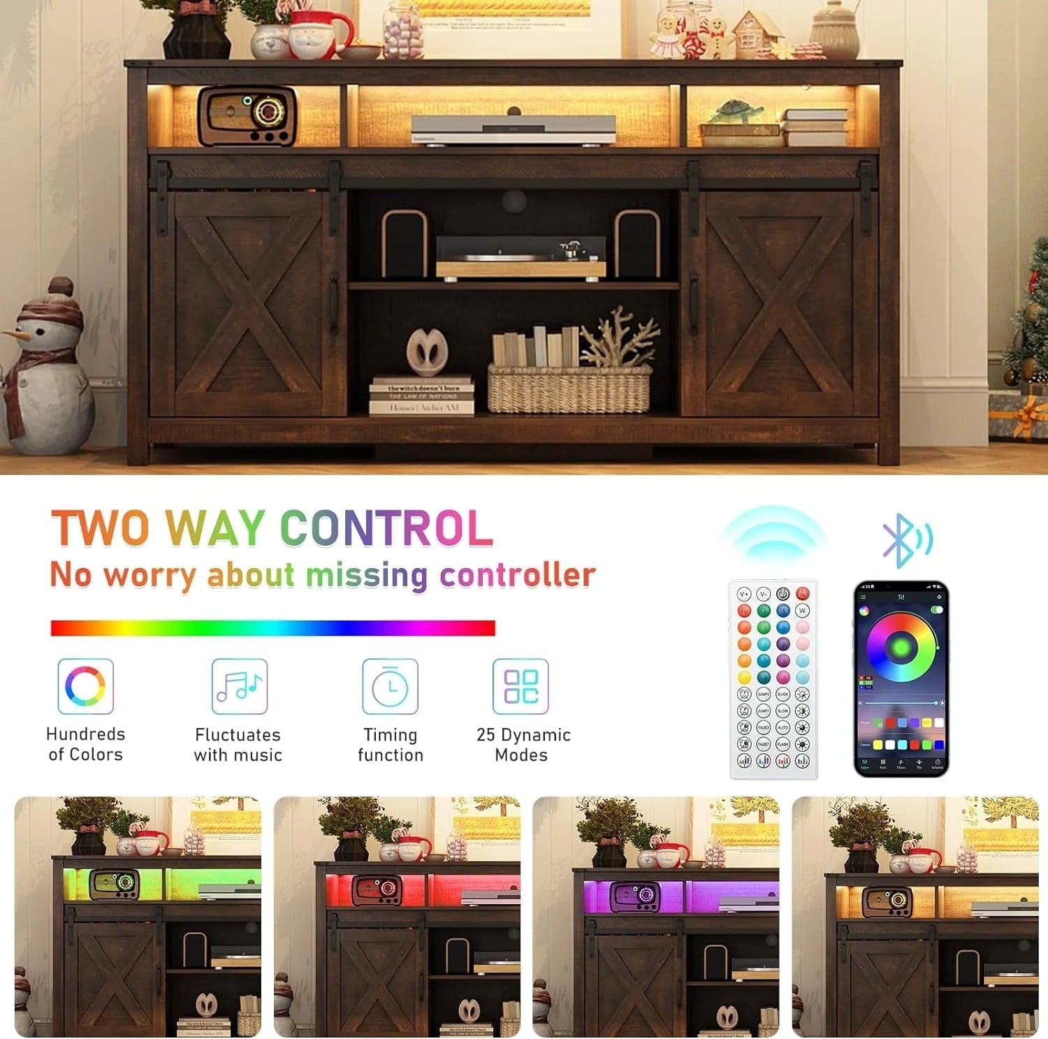 Furnibear 62 inch Farmhouse TV Stand up to 75in TVs and 23in Electric Fireplace, 2 Doors Wood Cabinet with Storage Shelves,Dark Brown