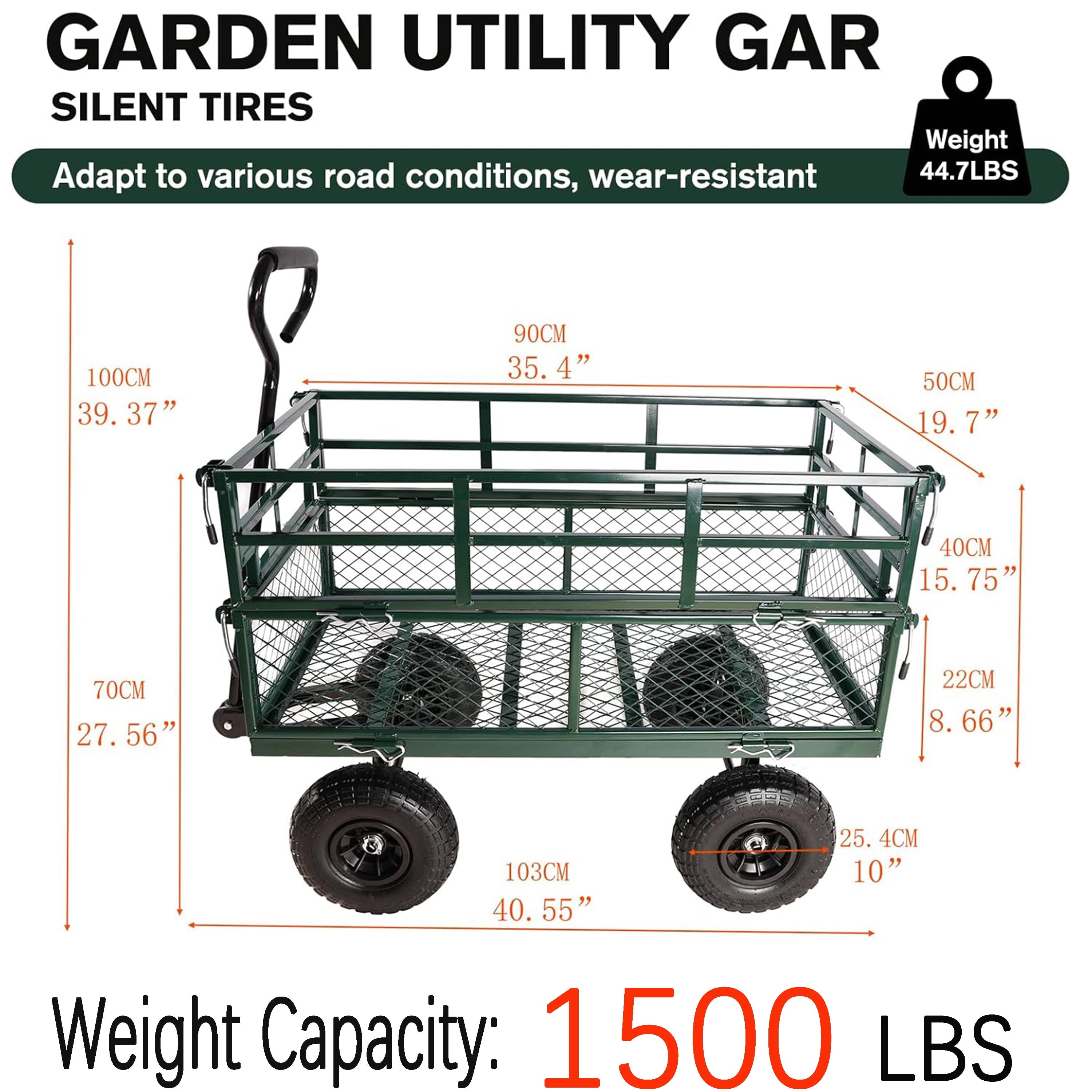Furnibear Heavy Duty Steel Garden Cart 1500lbs Capacity, 6.35 cu ft, 40.55in x 27.56in Folding Utility Wagon with Double-Layer Removable Side, Green