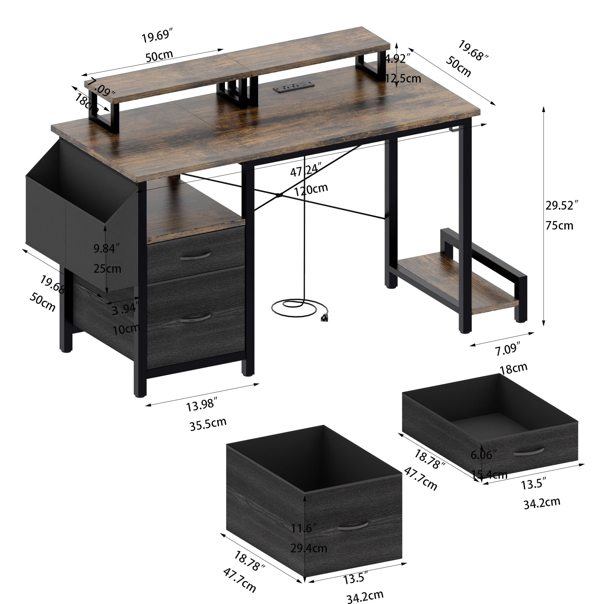 Furnibear Computer Desk with Drawer and Power Outlets, 47in Office Desk with 2 Monitor Stands and Fabric File Cabinet for Home Office, Small Space