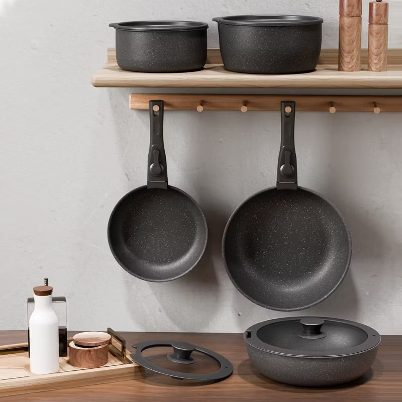 Furnibear 18-Piece Granite Ceramic Nonstick Cookware Set-Detachable Handle for Space-Saving, Compatible with Induction/Gas Stoves, Oven,Dishwasher Safe, Black