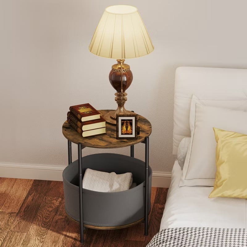 Furnibear Set of 2 Round Side Table Set Night Stand with Removable Fabric Baskets and Wooden Top