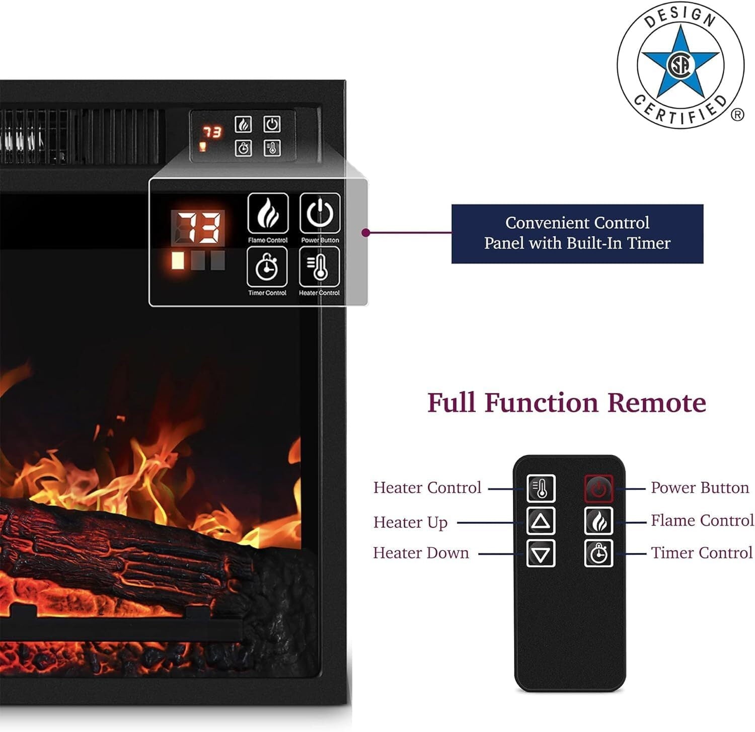 Furnibear 23 inch Electric Fireplace, 3D Infrared Fireplace Electric Insert Heater, with IR Remote Control, Glass View, Adjustable Realistic Logs & Flames, Indoor, 1400W