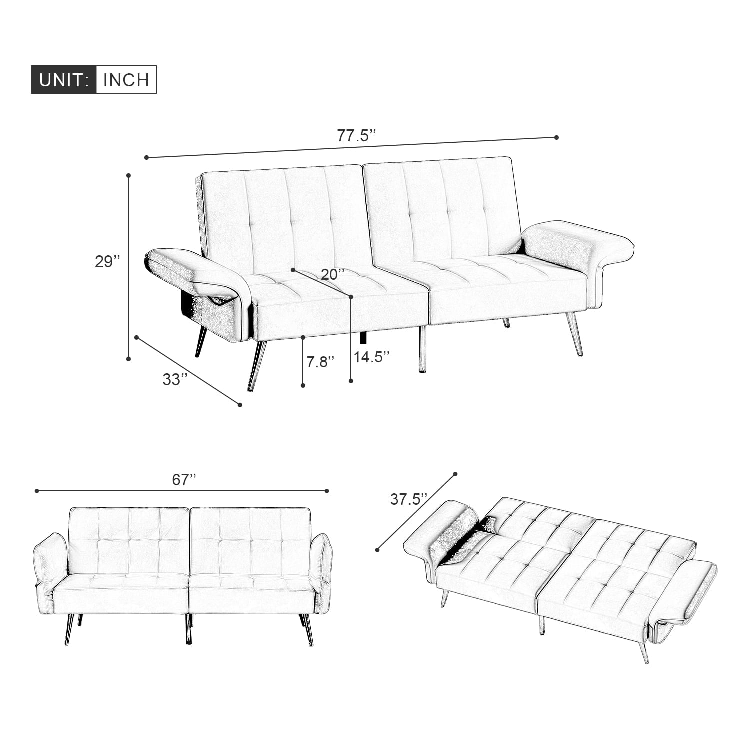 Furnibear 78in Futon Sofa Bed, Velvet Fabric Comfy Futon Couch Bed, Convertible Sleeper Sofa with Adjustable Backrestand Armrests, Modern Loveseat Sleeper for Living Room, Bedroom
