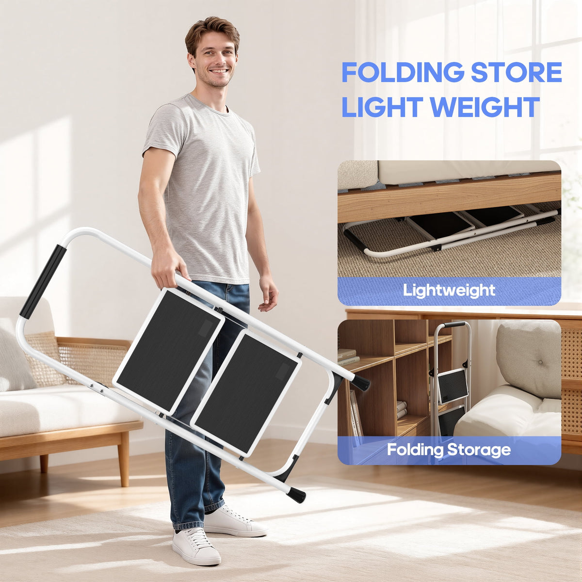 Furnibear 2 Step Ladder, Folding Step Stool with Cushioned Handle with