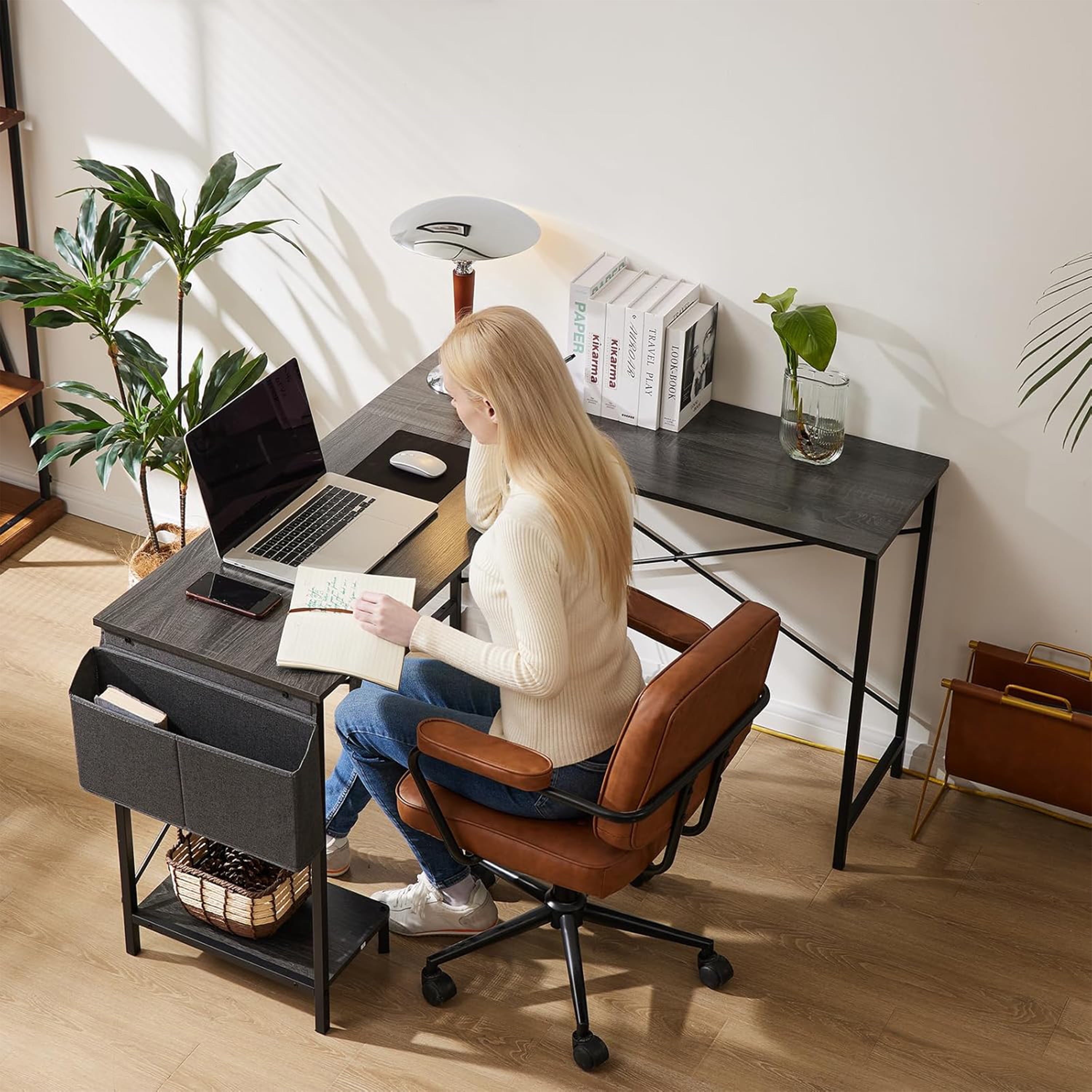 Furnibear Computer Desk with Drawer and Power Outlets, 47in Office Desk with 2 Monitor Stands and Fabric File Cabinet for Home Office, Small Space