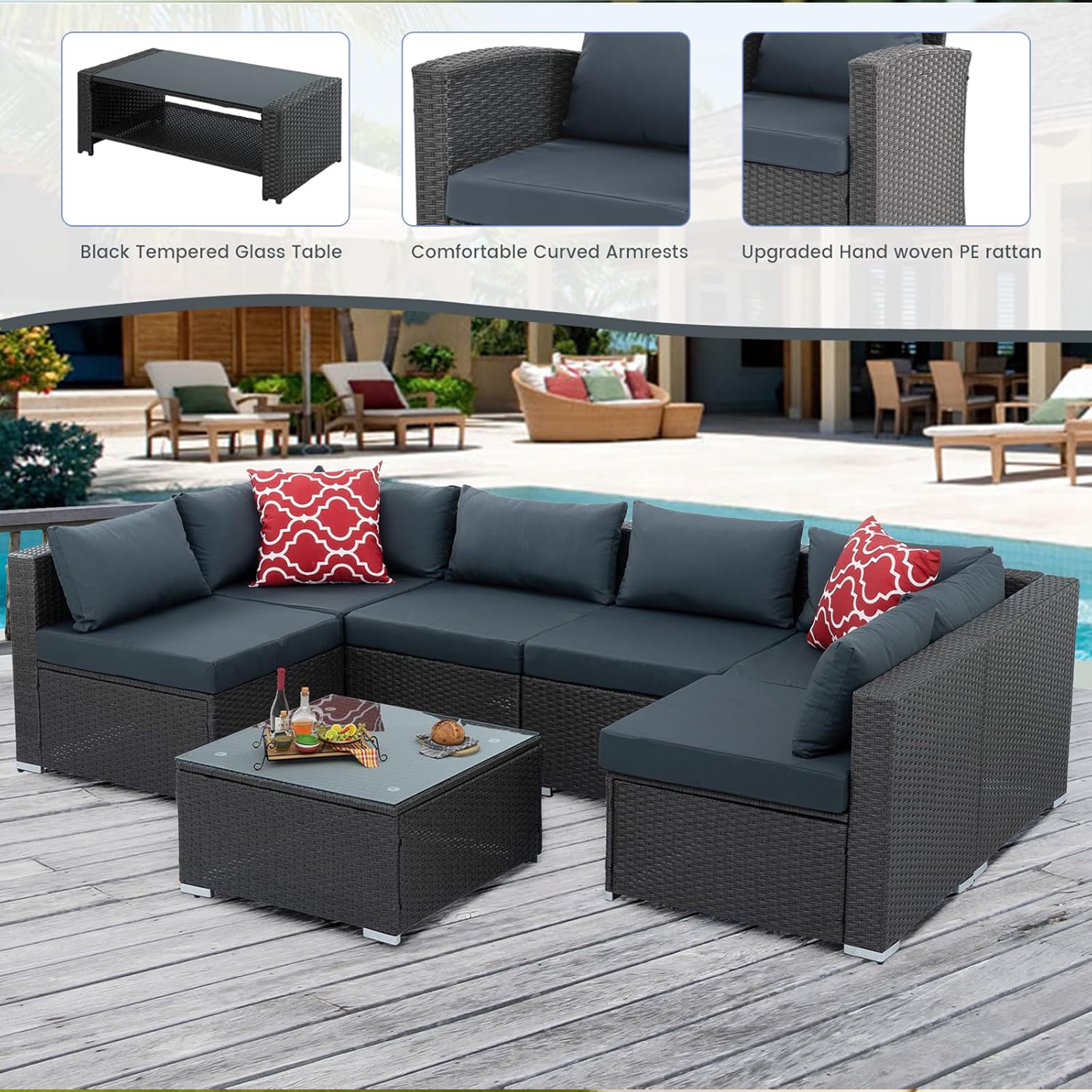 Furnibear 7 Pieces Outdoor Patio Sectional Sofa Couch, Black Wicker Patio Furniture Conversation Sets with Washable Cushions and Glass Coffee Table for Garden, Poolside, Backyard