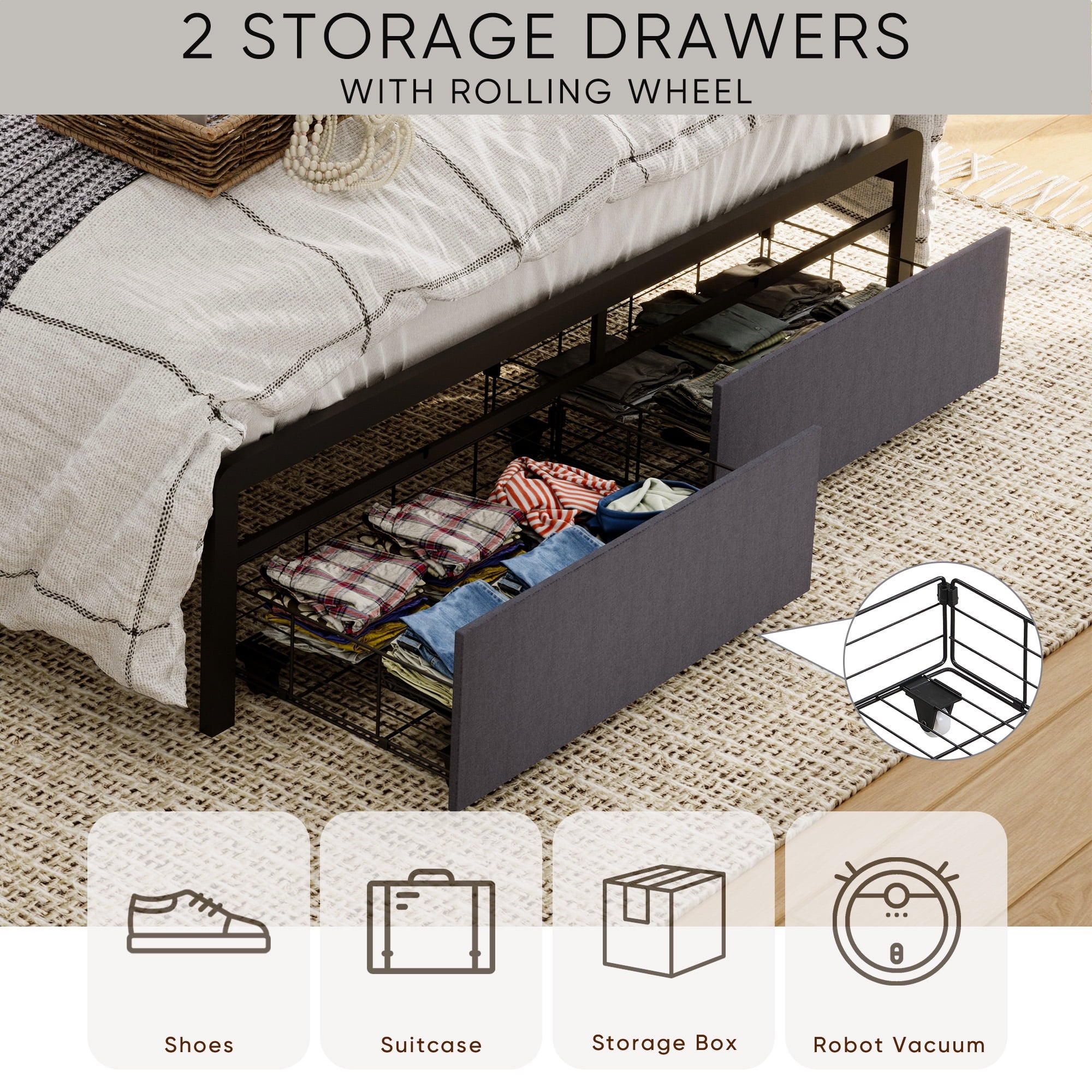 Furnibear Full Bed Frame with Upholstered Storage Headboard and Drawers, LED Platform Bed with Charging Station, No Box Spring Needed