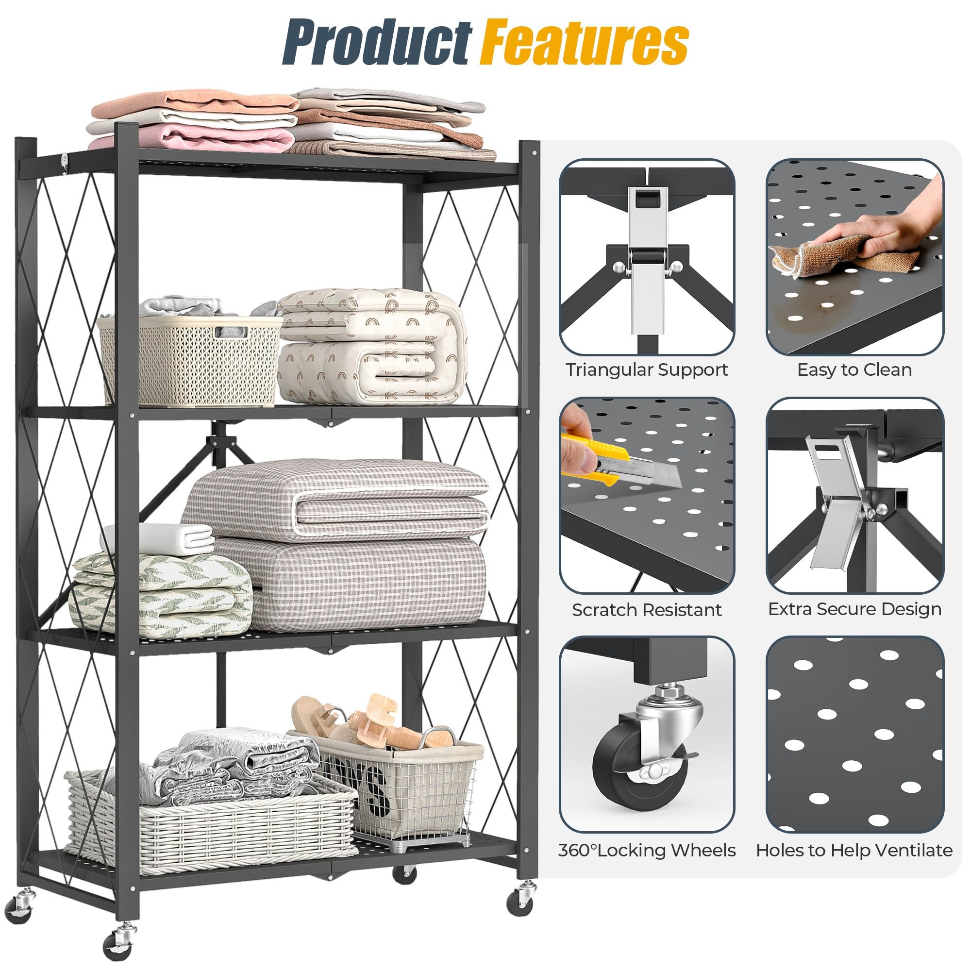 Furnibear 4-Tier Folding Storage Shelves with Wheels, Foldable Metal Rack, Collapsible Shelves for Garage, Kitchen, Basement, Black