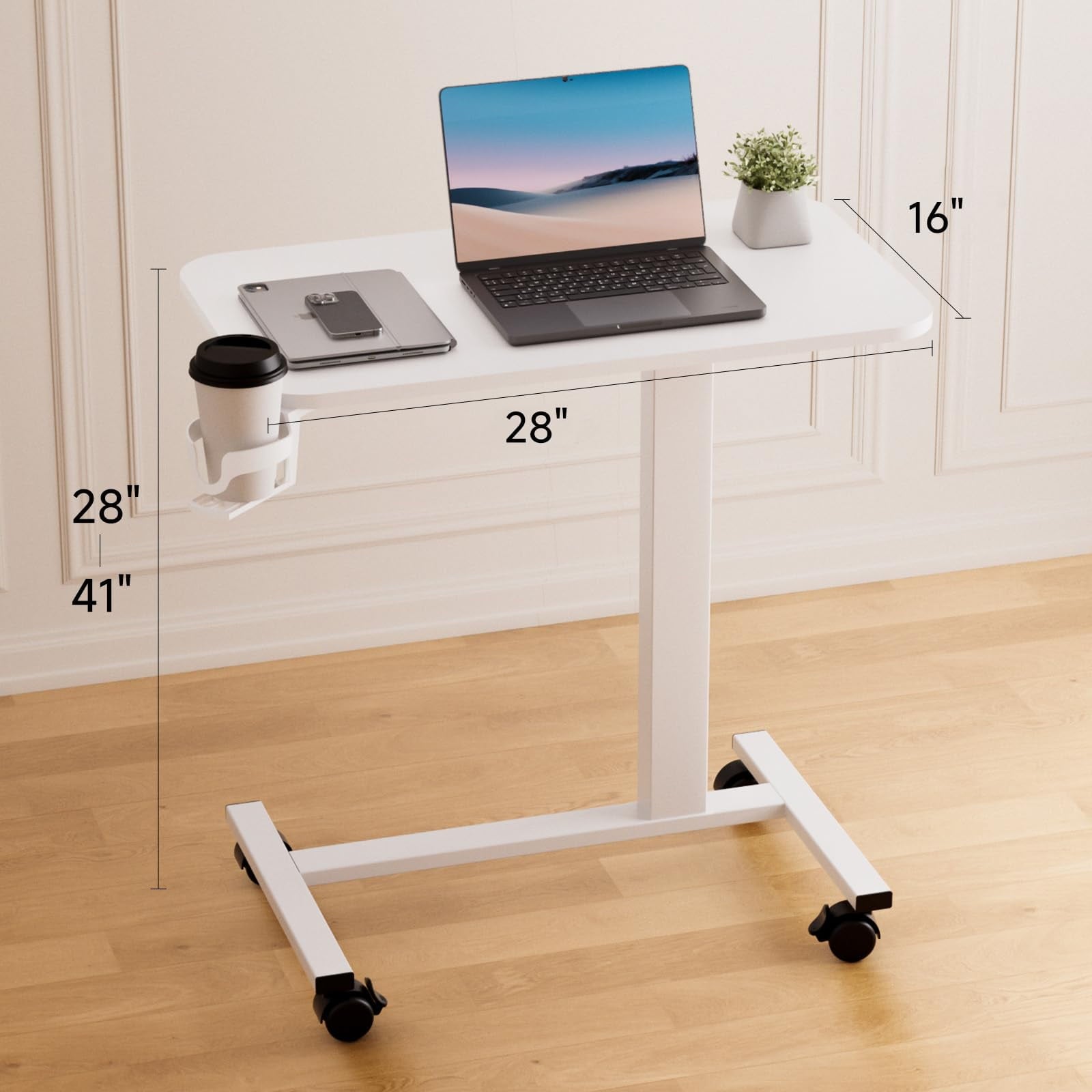 Furnibear Adjustable Rolling Desk with Lockable Wheels Portable Bed Side Table Standing Laptop Desk White