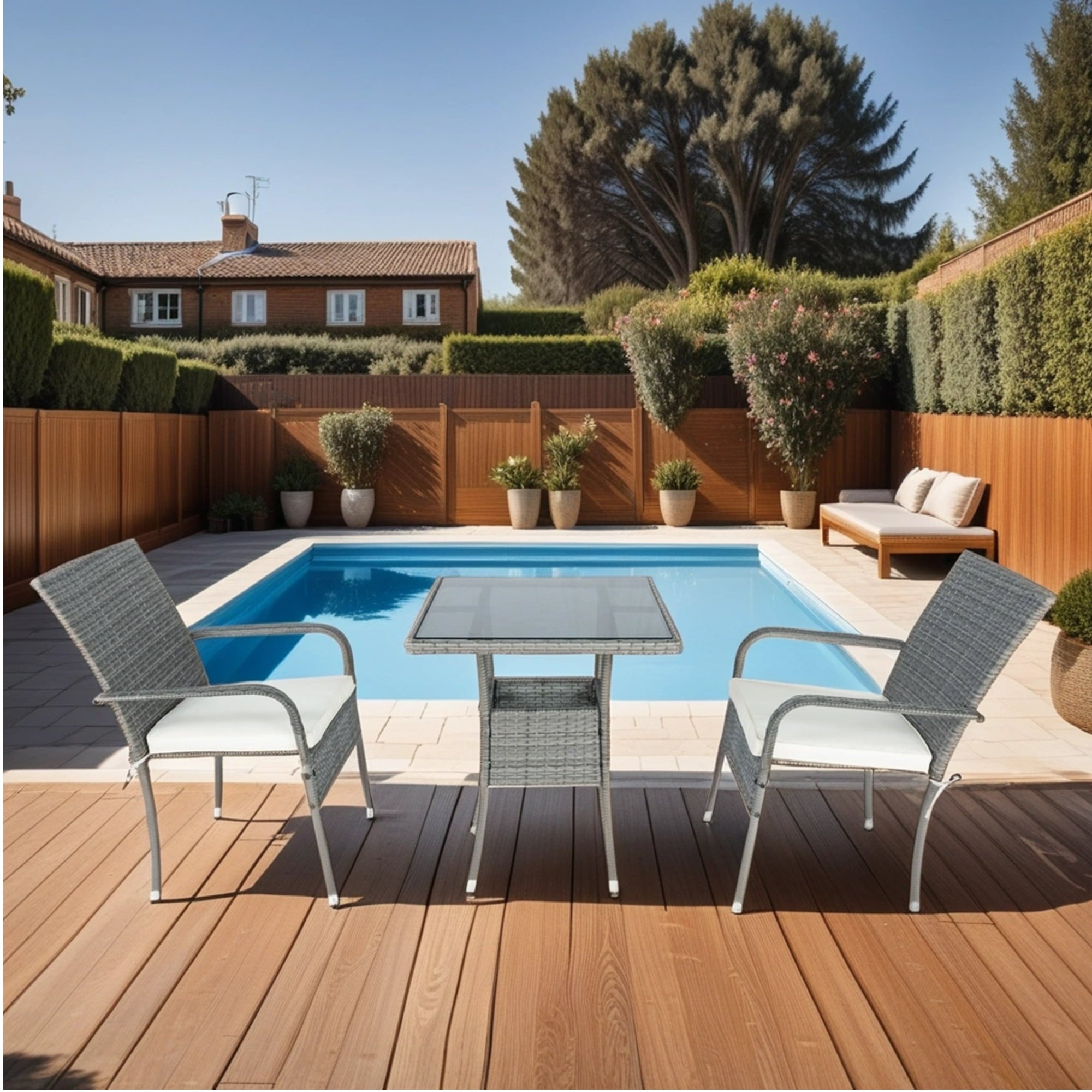 Furnibear 3 Piece Patio Conversation Set, Rattan Wicker Outdoor Conversation Set with Tempered Glass Table and Cushions
