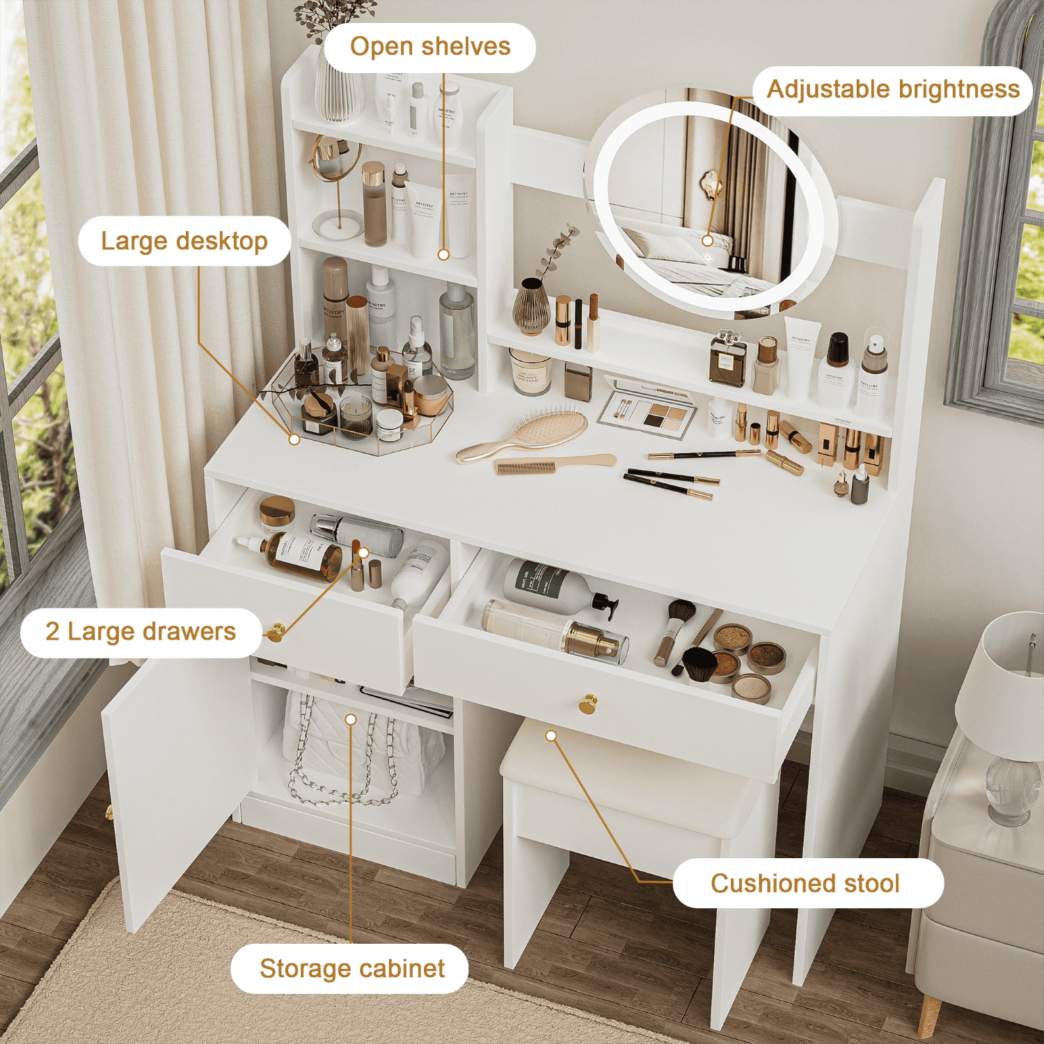 Furnibear 36in Vanity Desk Set, Makeup Table with Drawers, Dressing Table with Mirror and LED Lights, 3 Lighting Modes, Multifunctional Makeup Writing Desk for Bedroom