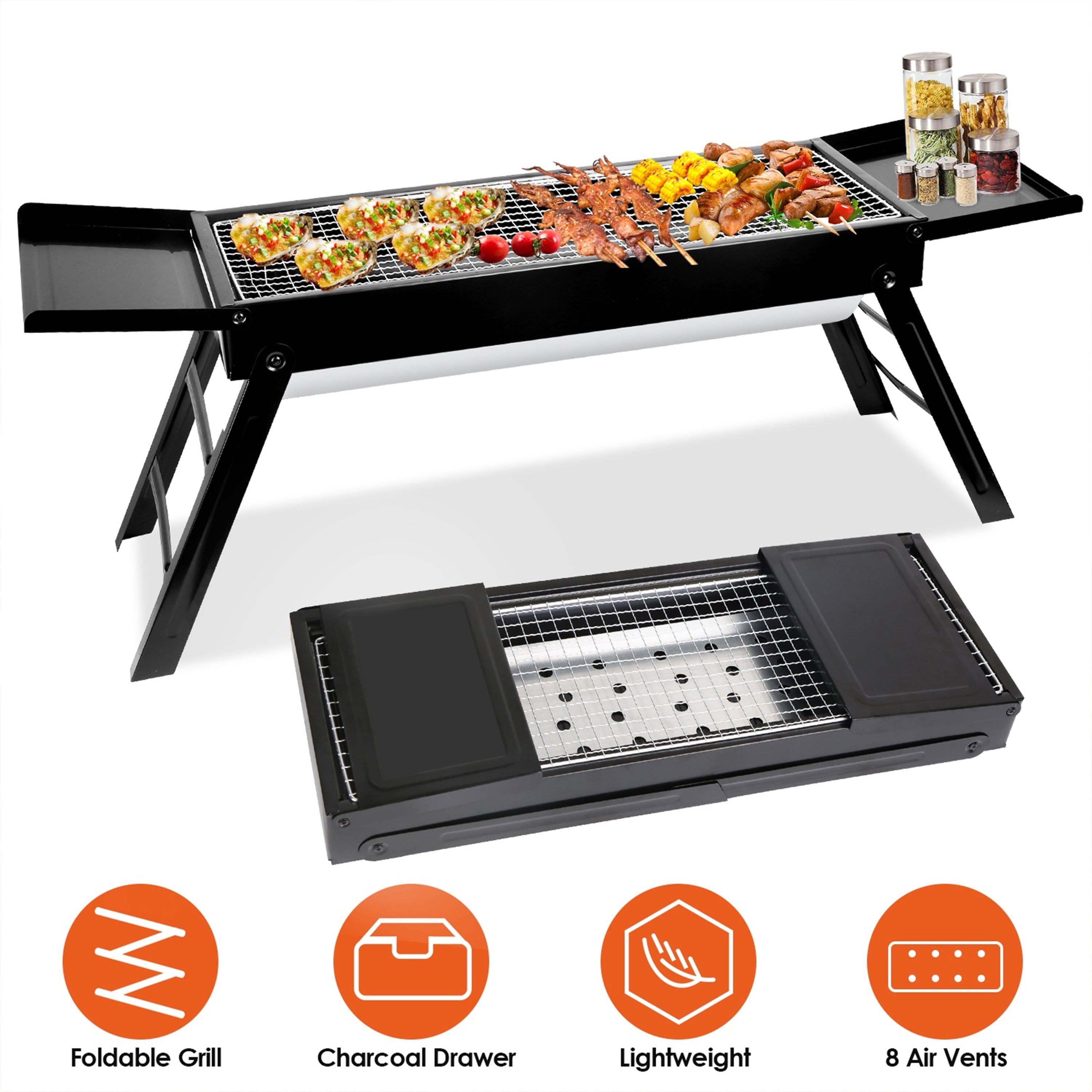 Furnibear Portable Charcoal Grill, Foldable Stainless Steel BBQ Grill with Side Table, Tabletop Grill for Outdoor Camping, Patio and Picnic