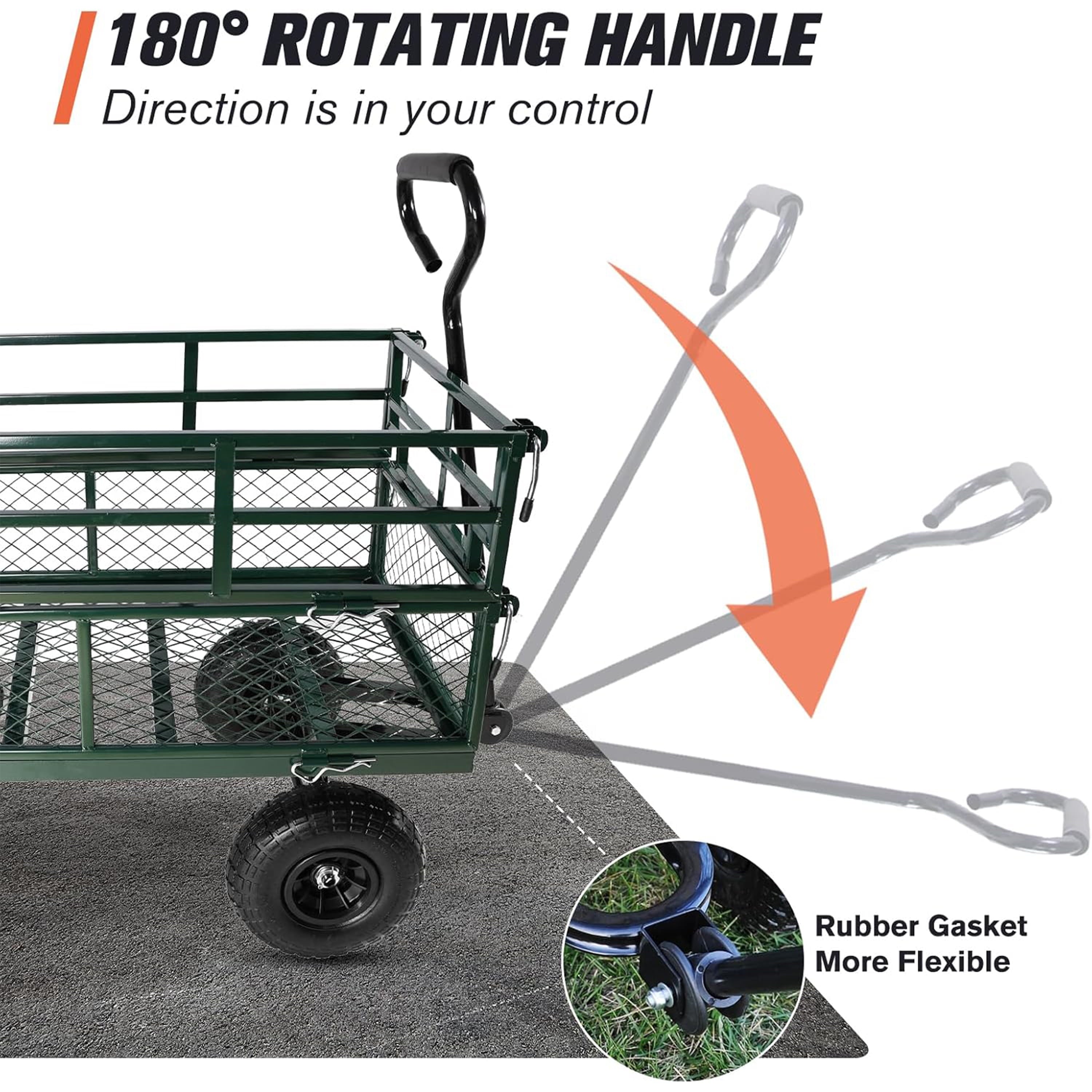 Furnibear Heavy Duty Steel Garden Cart 1500lbs Capacity, 6.35 cu ft, 40.55in x 27.56in Folding Utility Wagon with Double-Layer Removable Side, Green
