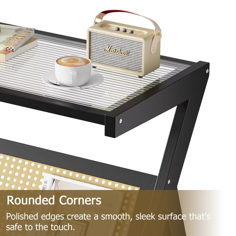 Furnibear Rattan Side Table Bamboo Accent Bedside Table with Tempered Glass Top, Black