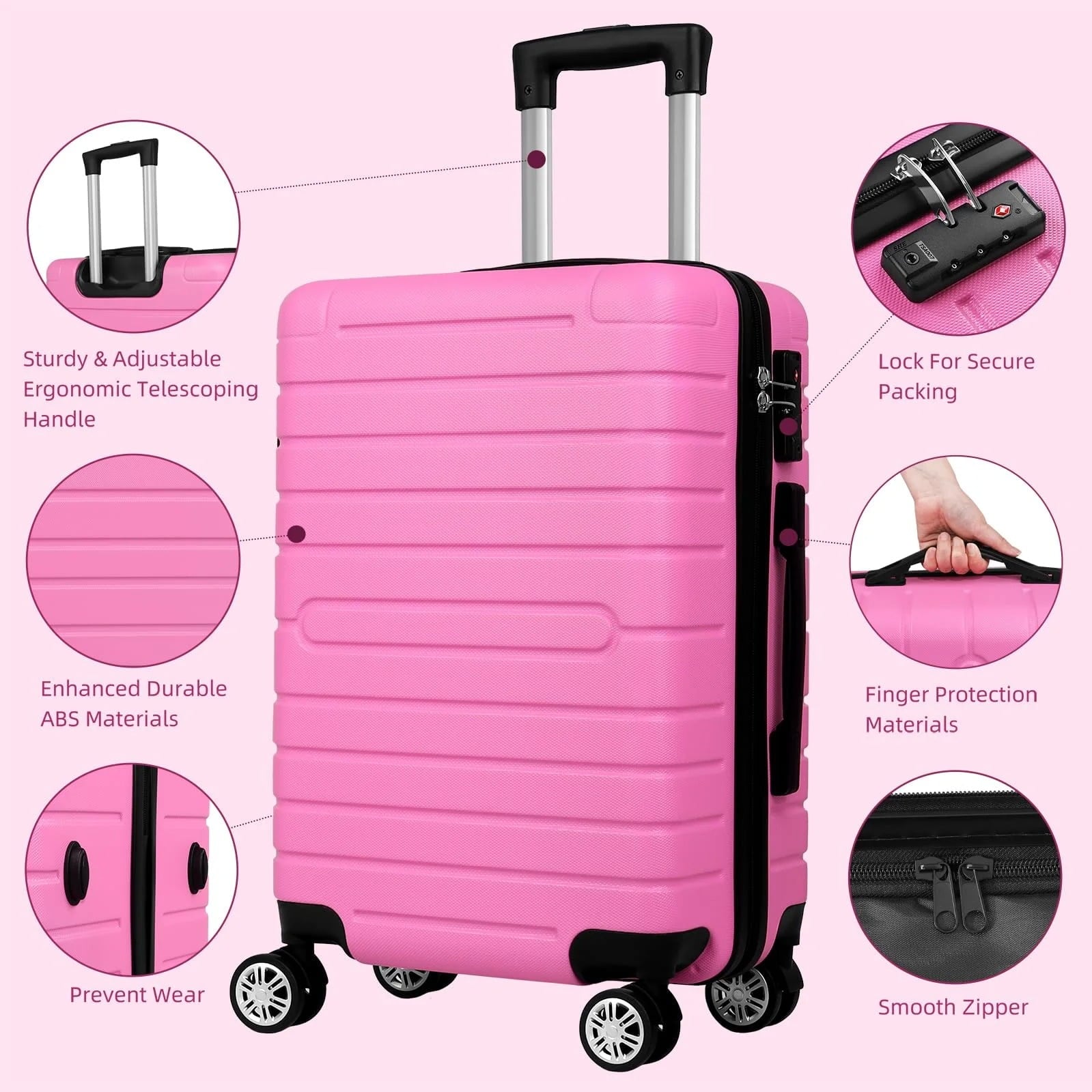 Furnibear 3 Piece Luggage Sets with TSA Locks, 20in24in28in Hardside Suitcase Set with Spinner Wheels,, Pink