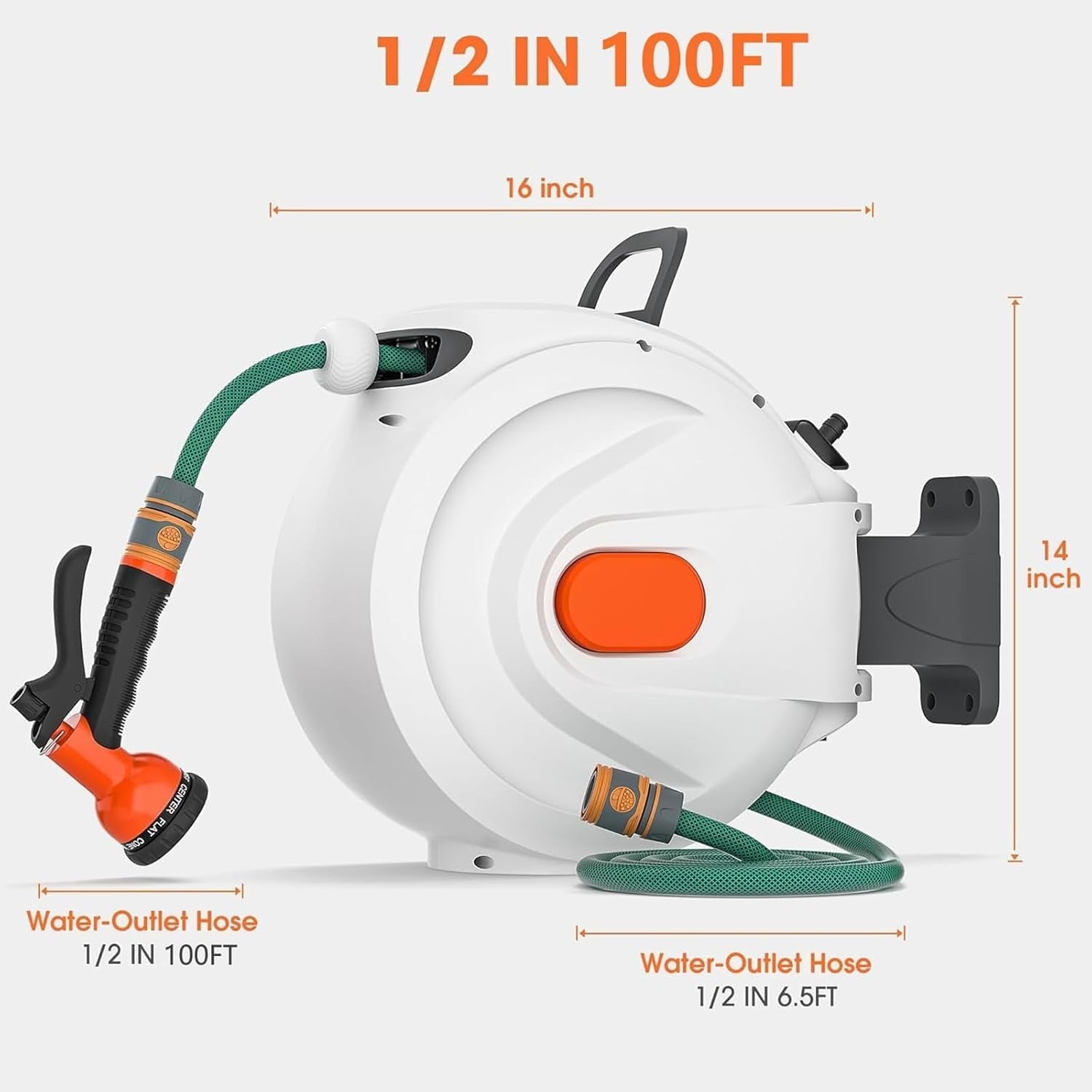 Furnibear 65 inch(20M) Garden Hose Reel with Handle and Adjustable Nozzle, Heavy-Duty Resin Case for 1/2in Hose
