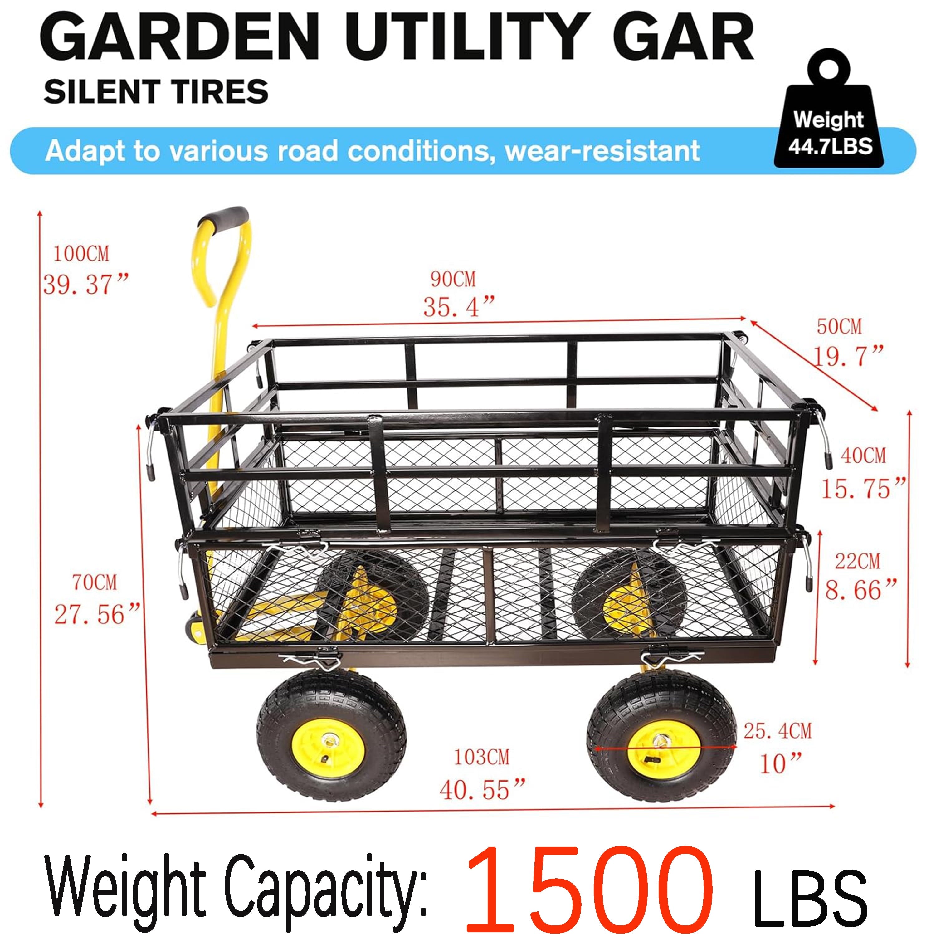 Furnibear Heavy Duty Steel Garden Cart 1500lbs Capacity, 6.35 cu ft, 40.55" x 27.56" Folding Utility Wagon with Double-Layer Removable Side, BlackandYellow