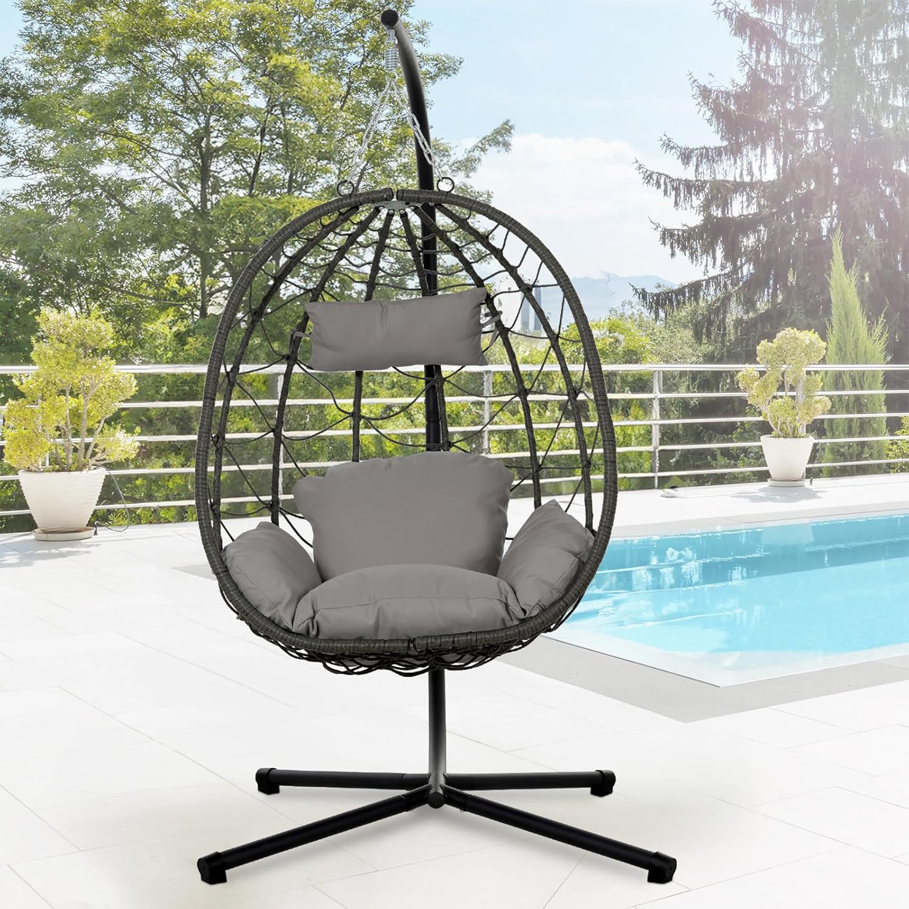 Furnibear Egg Chair with Stand,Patio Rattan Wicker Hanging Swing Egg Chair Hammock Chair for Bedroom Porch Garden,Thickened Aluminum Alloy Steel Frame
