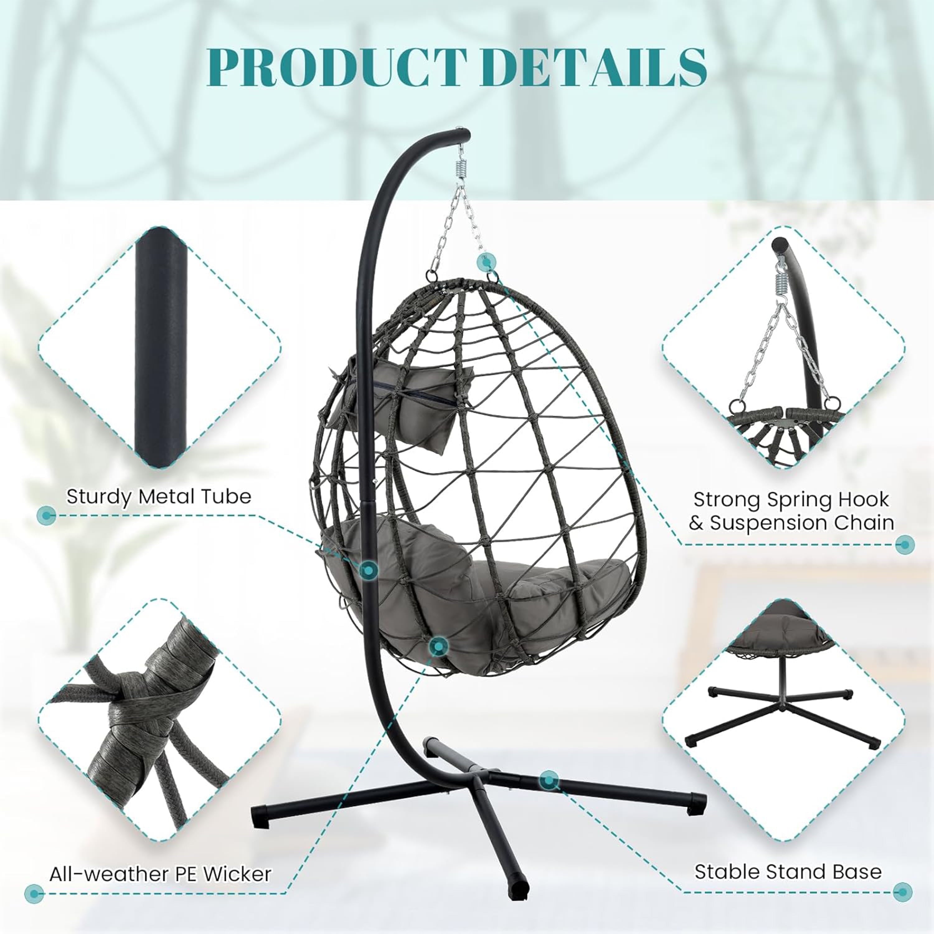 Furnibear Egg Chair with Stand,Patio Rattan Wicker Hanging Swing Egg Chair Hammock Chair for Bedroom Porch Garden,Thickened Aluminum Alloy Steel Frame