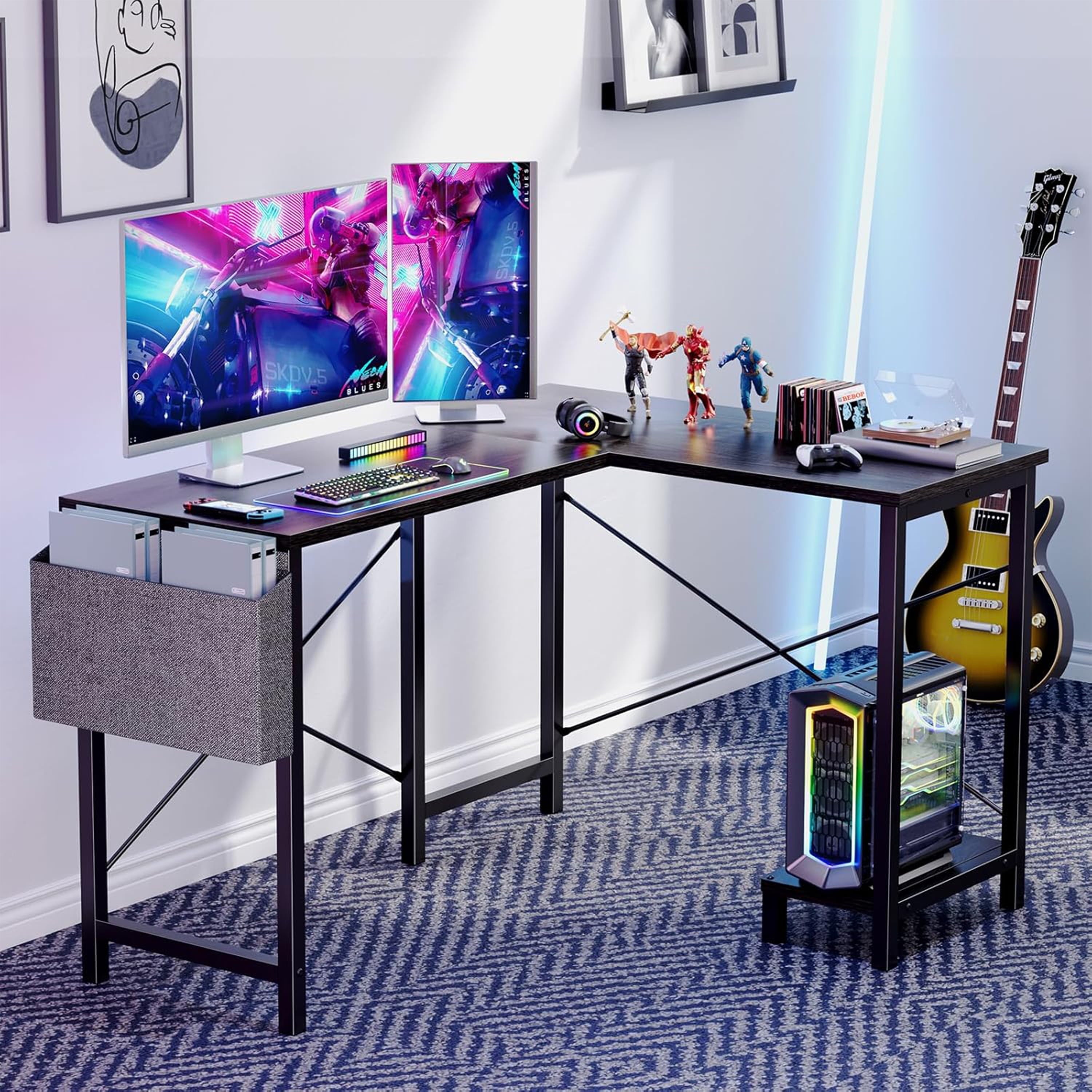 Furnibear L Shaped Computer Desk, Gaming Corner 50in PC Writing Study Student Table with Wooden Desktop CPU Stand Side Bag Reversible