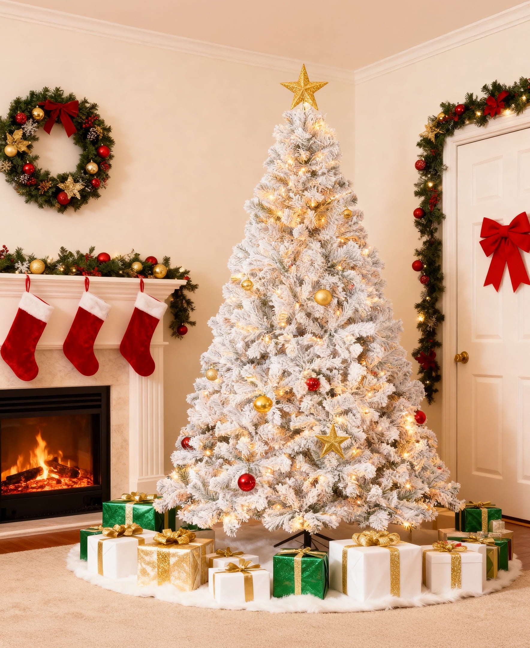 Furnibear 6ft Pre-Lit Flocked Christmas Tree, 1000 Tips with 250 Warm White Lights & Automatic Fluffing