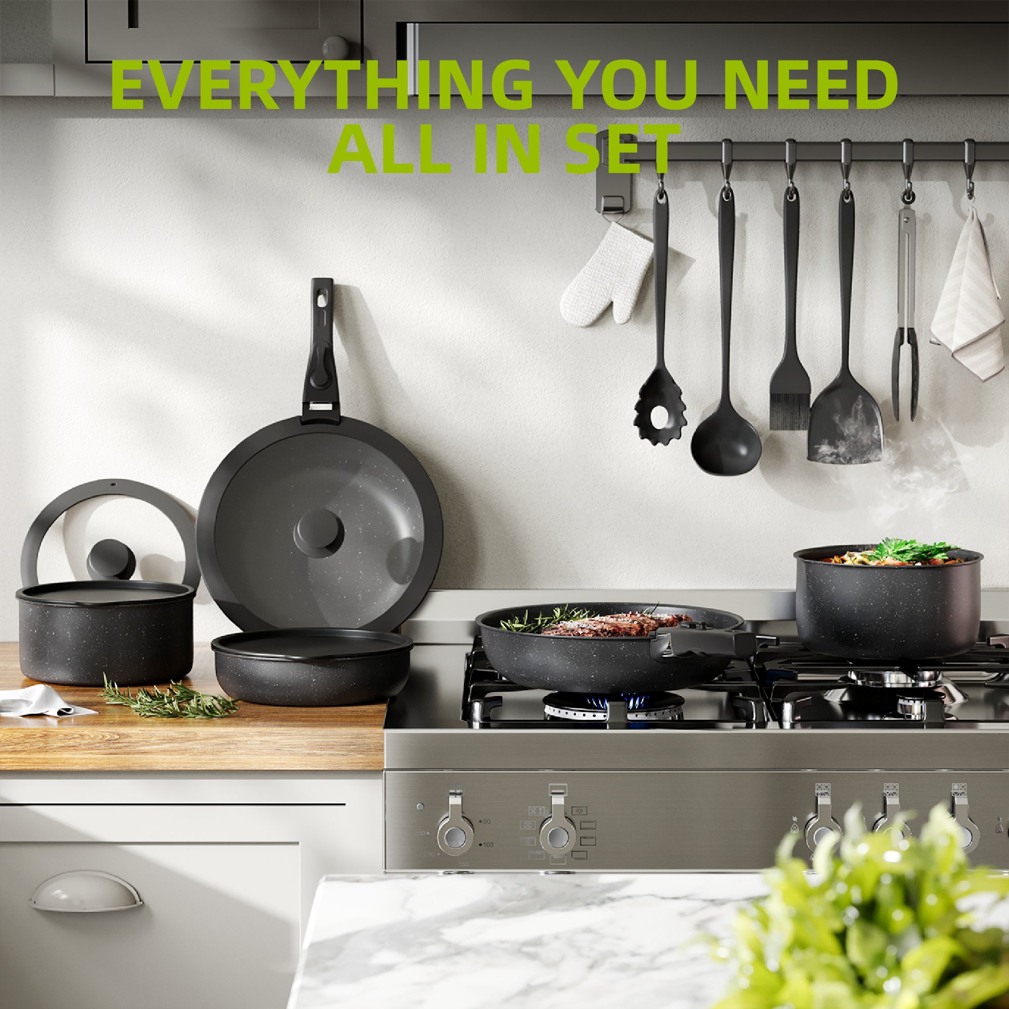 Furnibear 20pcs Pots and Pans Set Nonstick, Kitchen Ceramic Cookware Set for RV and Camping, with Pots Protectors and Cooking Utensils, Black