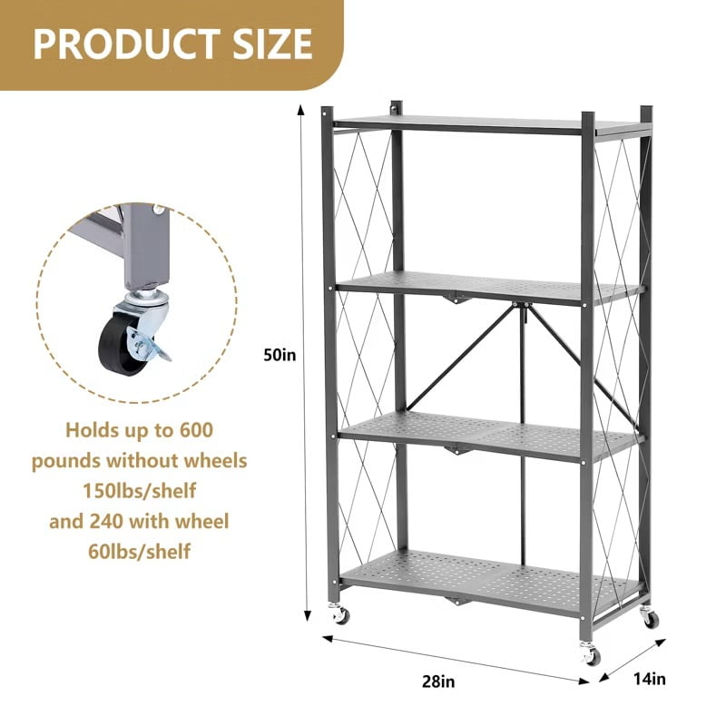 Furnibear Storage Shelves, 4-Shelf Foldable Metal Shelving Units with Wheels for Garage Kitchen Bakers,Collapsible Organizer Rack,Gray