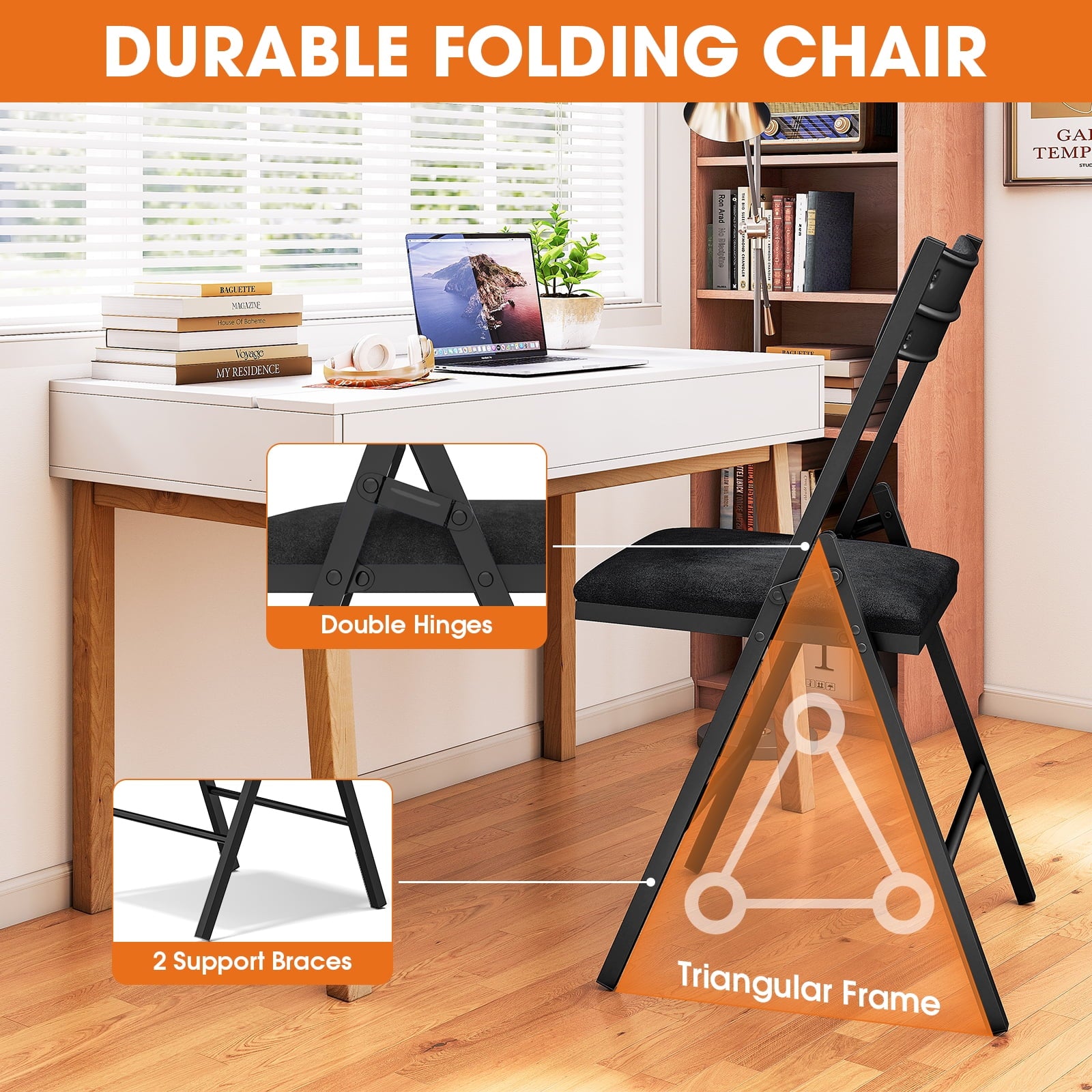 Furnibear 4-Pack Folding Chairs - Thickened Seat , Reinforced Metal Frame, 150LB Capacity,Black