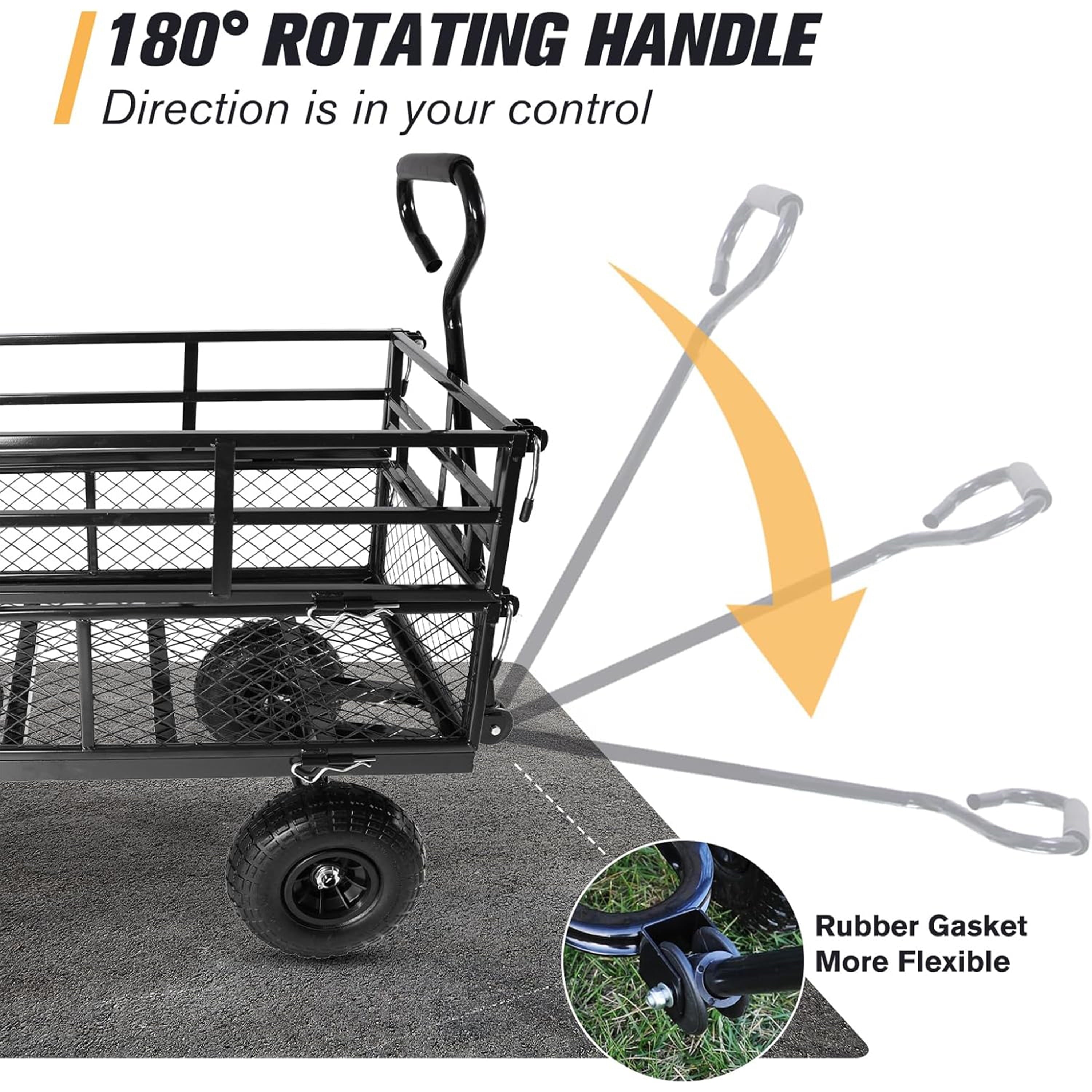 Furnibear Heavy Duty Steel Garden Cart 1500lbs Capacity, 6.35 cu ft, 40.55in x 27.56in Folding Utility Wagon with Double-Layer Removable Side, Black